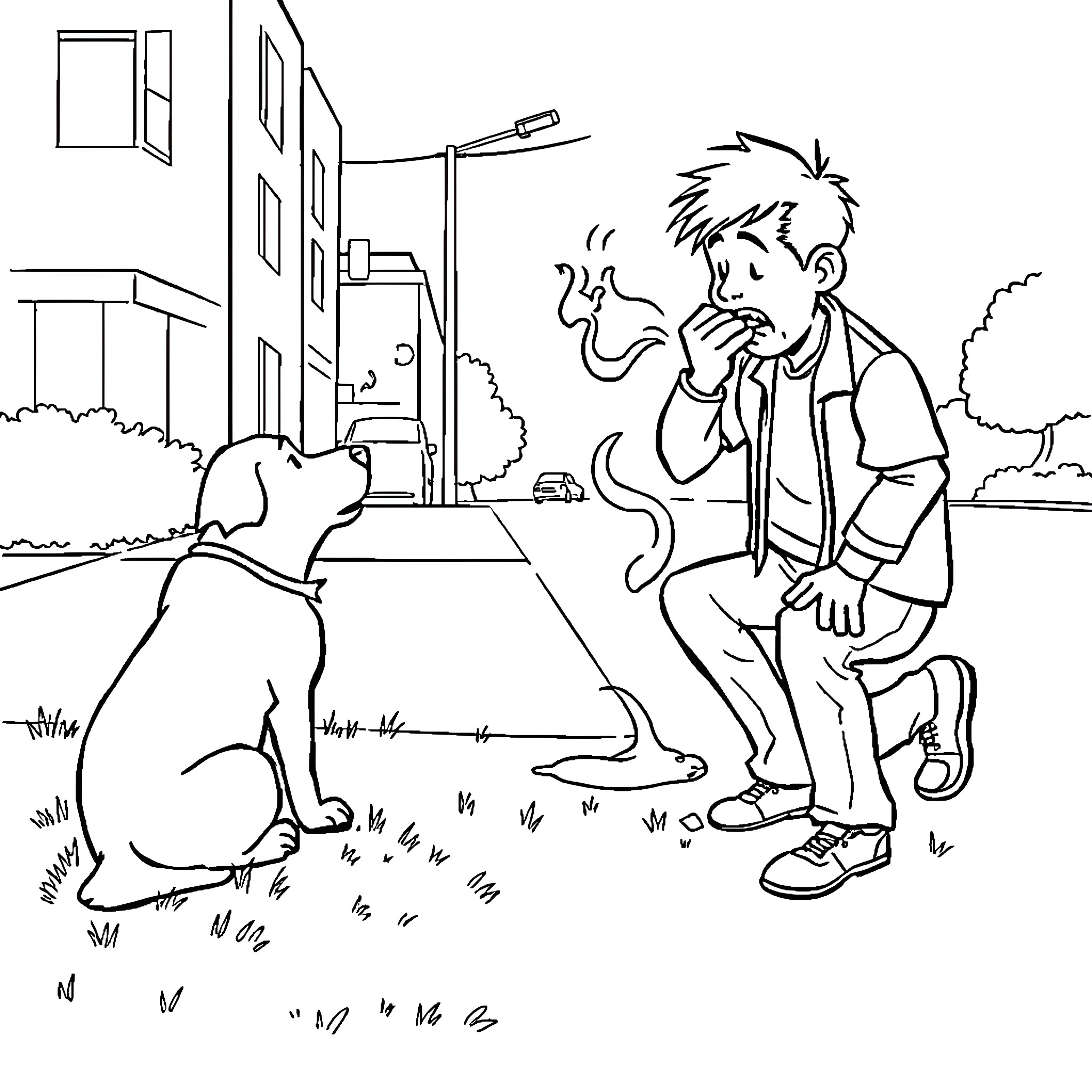 Dog comforting distressed person in urban setting Coloring Page (free black-and-white line drawing printable PDF for all, from beginners to advanced learners, including children, teens, adults, and seniors)