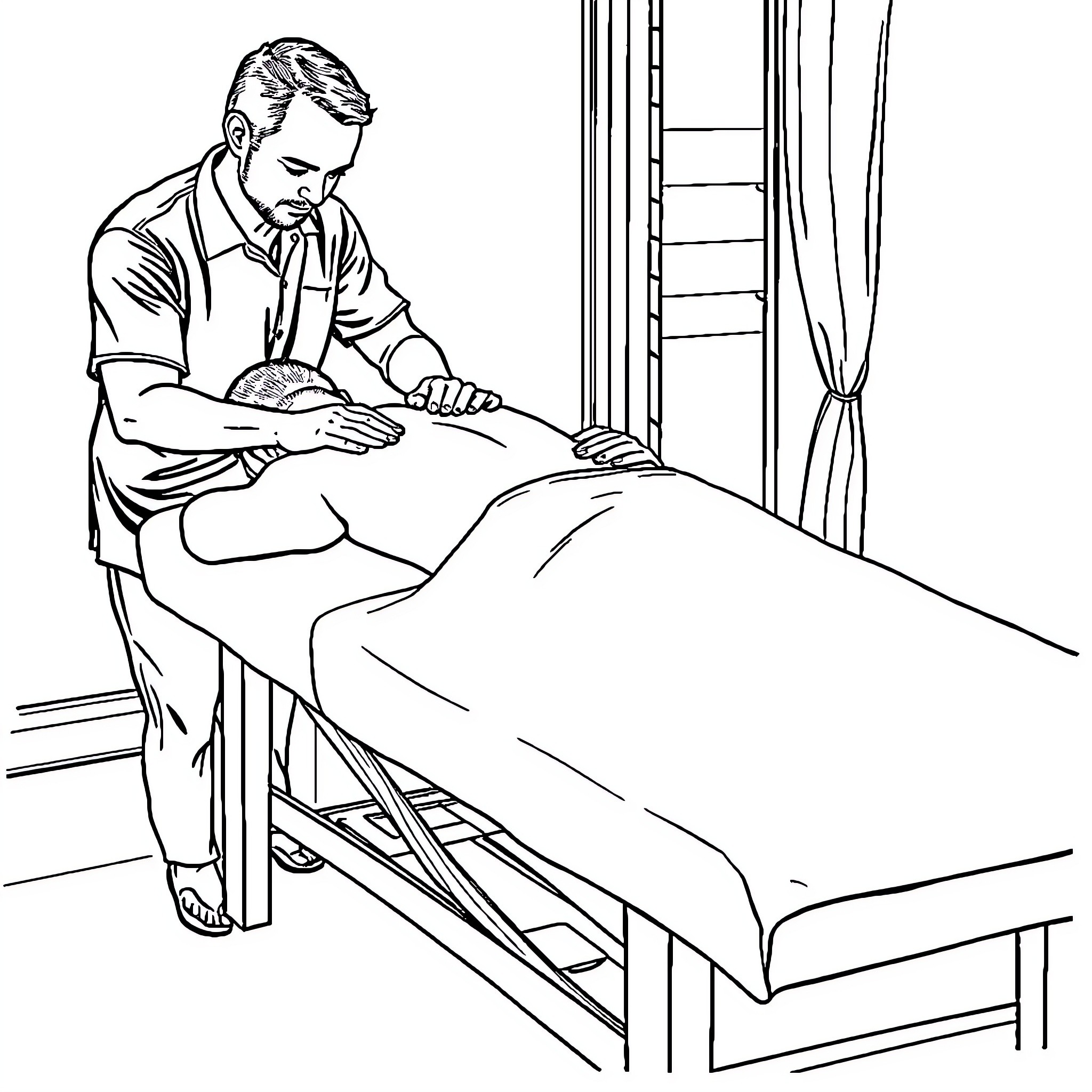 Man providing massage therapy in clinic Coloring Page (free black-and-white line drawing printable PDF for all, from beginners to advanced learners, including children, teens, adults, and seniors)