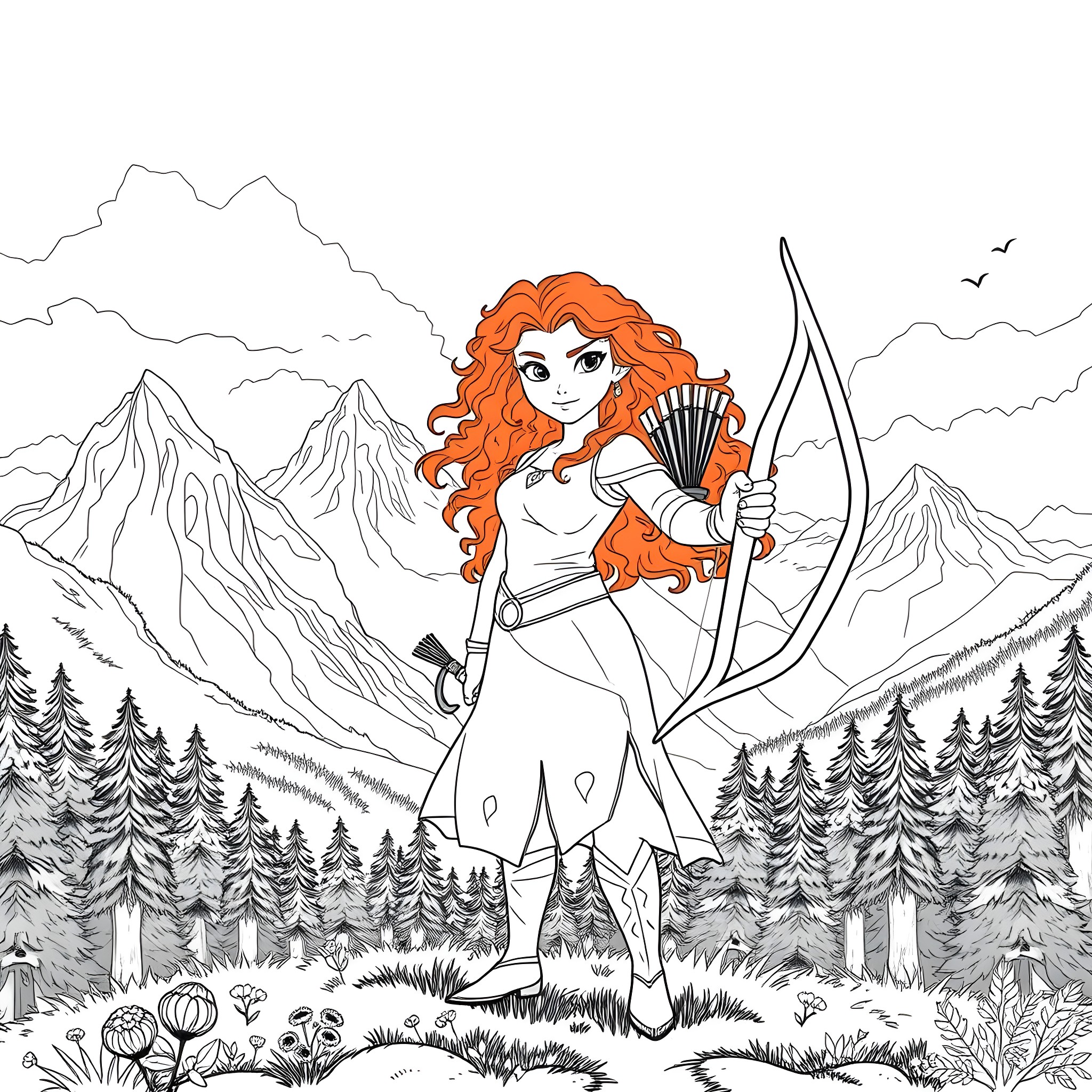 Merida, the Brave Archer in the Wilderness Coloring Page (free black-and-white line drawing printable PDF for all, from beginners to advanced learners, including children, teens, adults, and seniors)