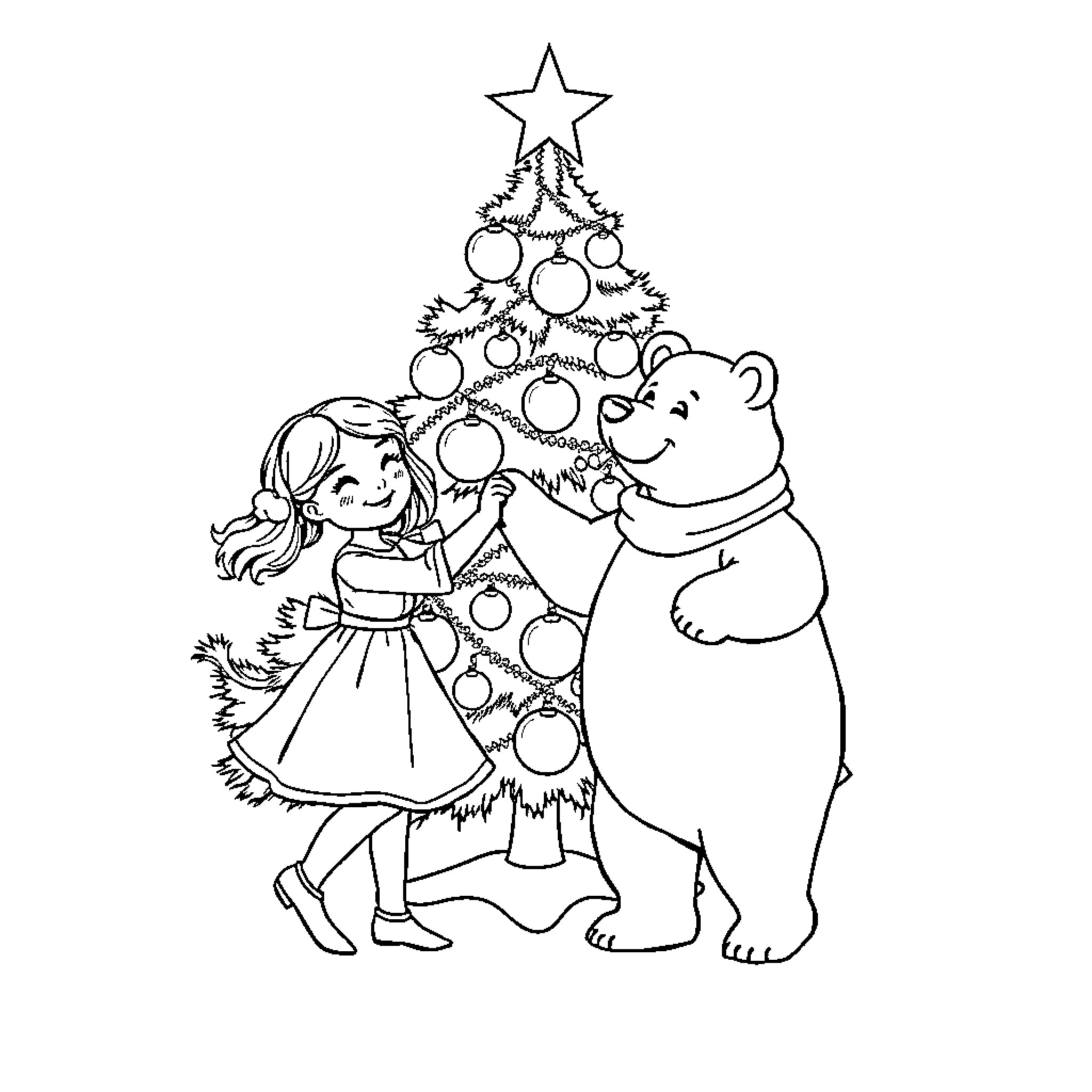 Girl decorating Christmas tree with friend Coloring Page (free black-and-white line drawing printable PDF for all, from beginners to advanced learners, including children, teens, adults, and seniors)