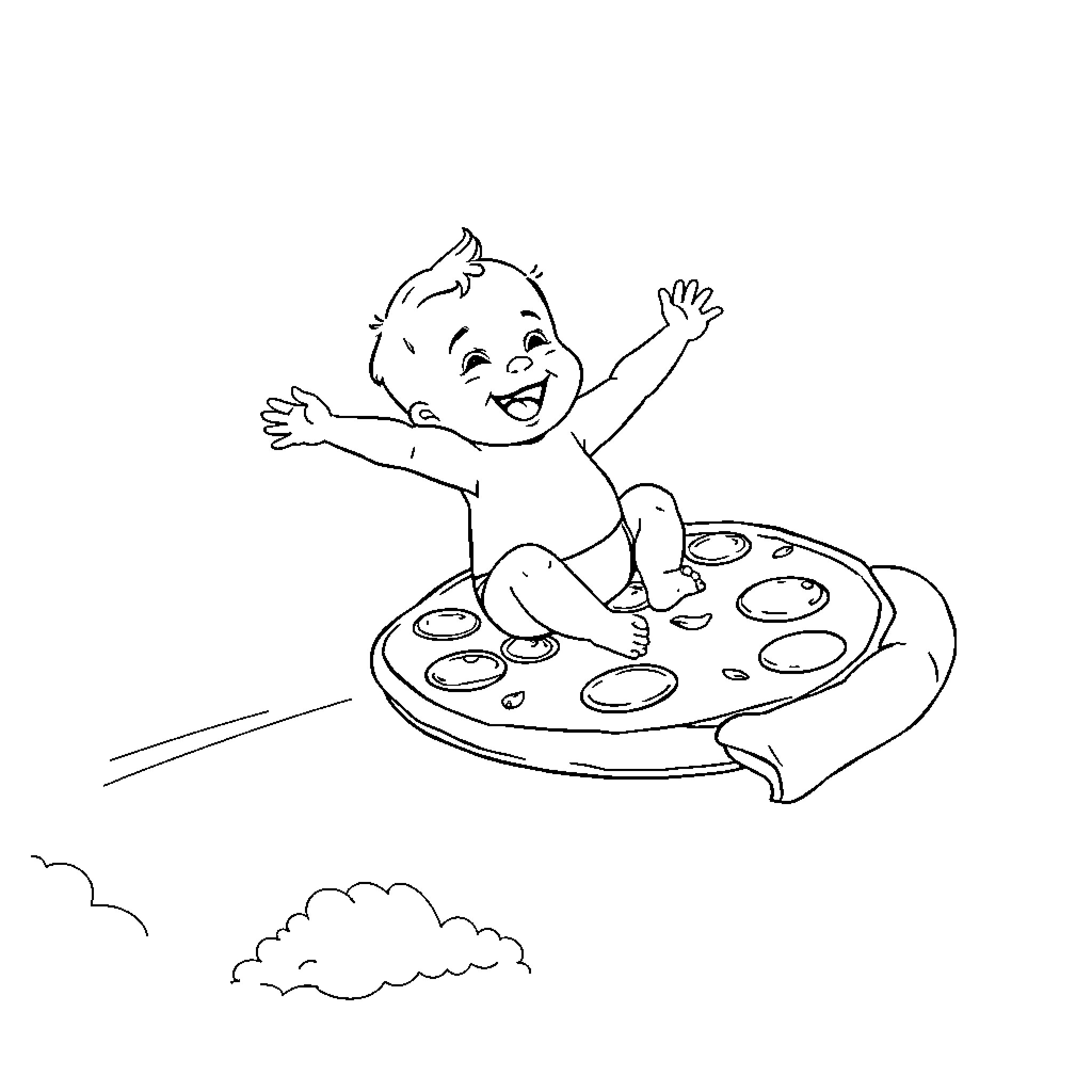Baby joyfully playing on a giant pizza Coloring Page (free black-and-white line drawing printable PDF for all, from beginners to advanced learners, including children, teens, adults, and seniors)