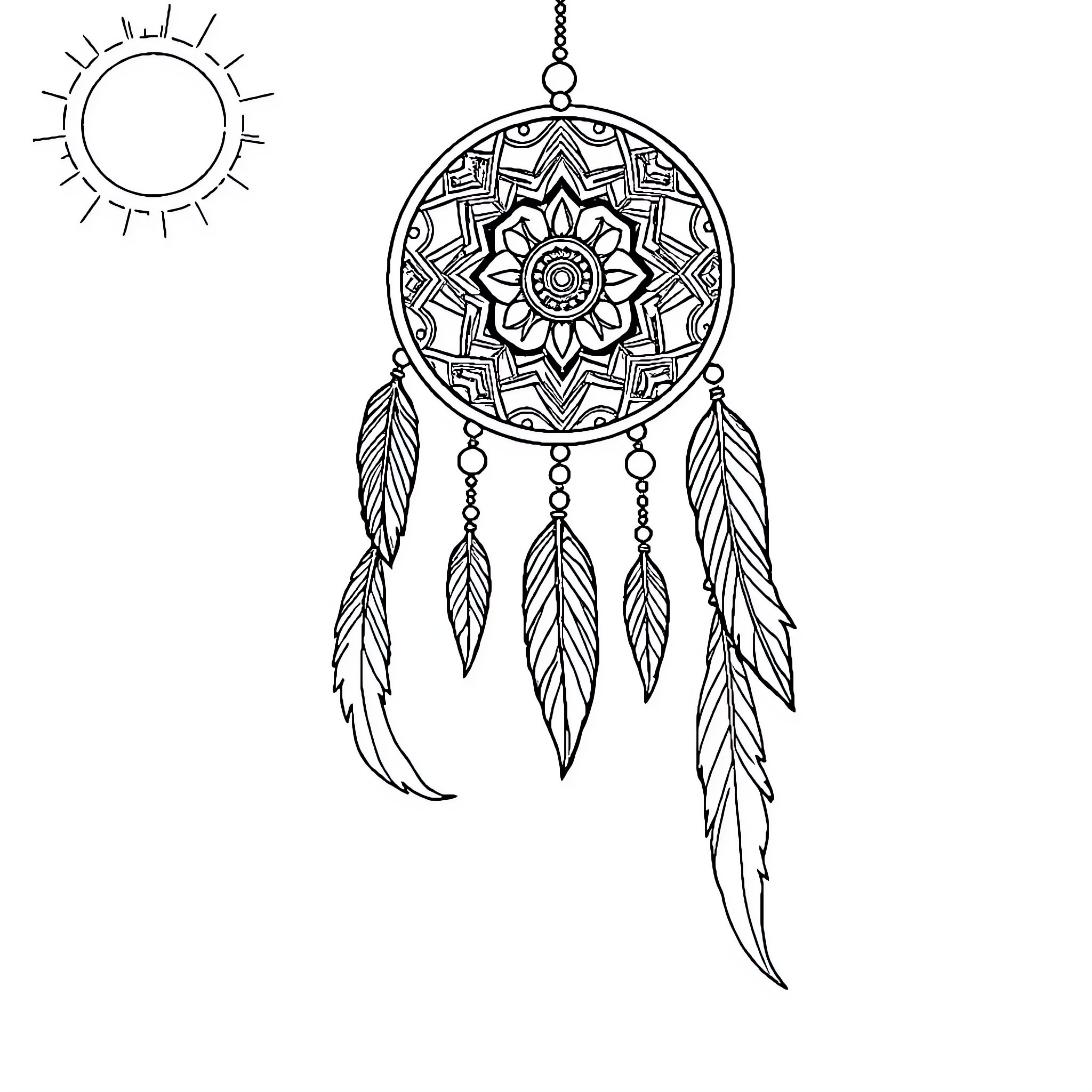 Suncatcher with intricate dreamcatcher design Coloring Page (free black-and-white line drawing printable PDF for all, from beginners to advanced learners, including children, teens, adults, and seniors)