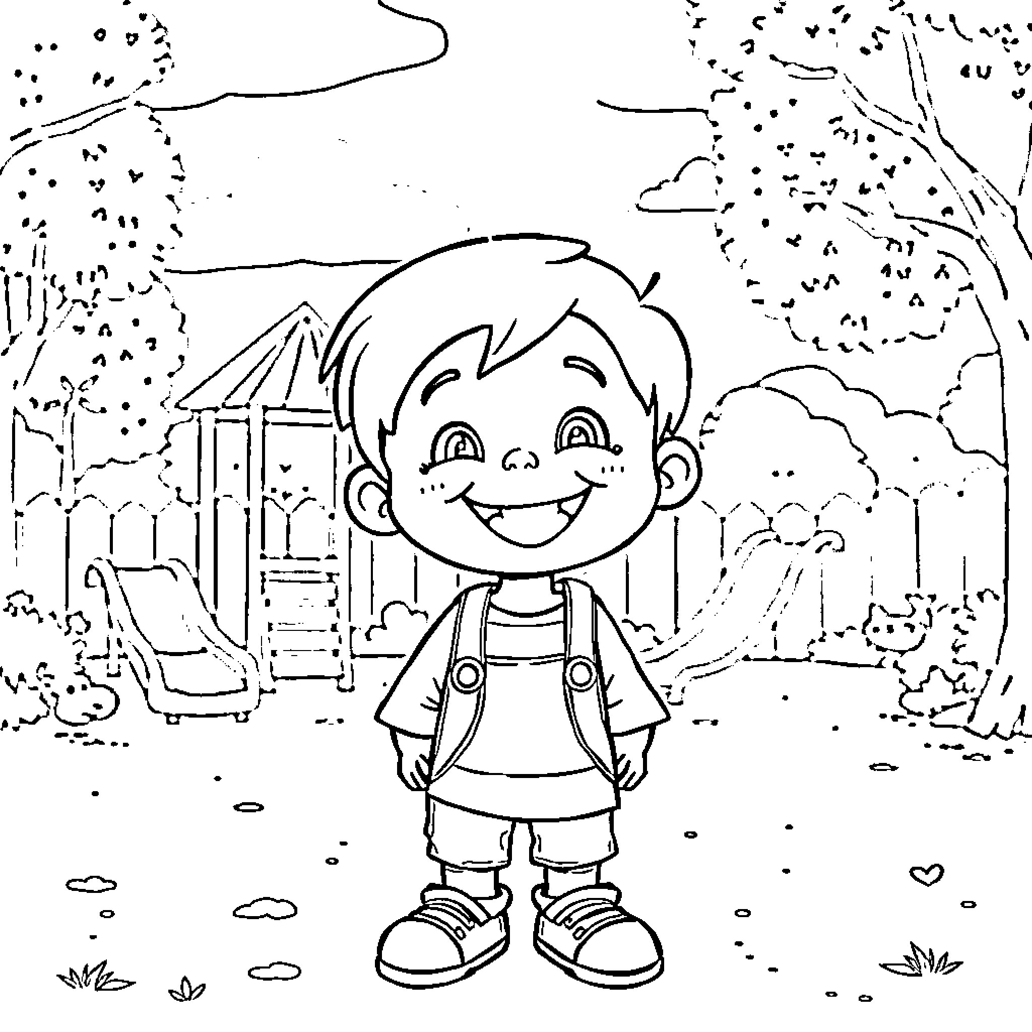 Kid playing happily in the backyard Coloring Page (free black-and-white line drawing printable PDF for all, from beginners to advanced learners, including children, teens, adults, and seniors)