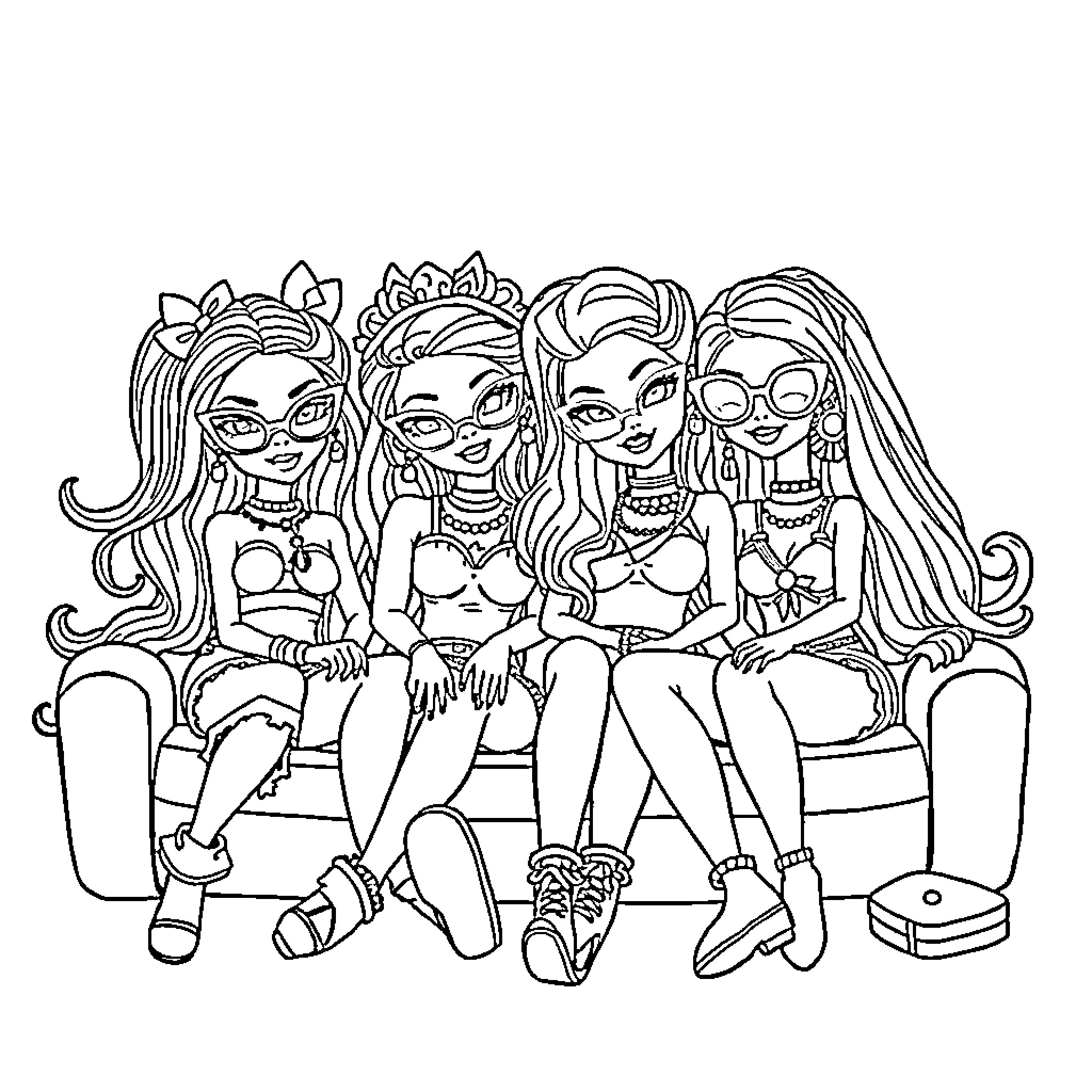 Barbie dolls relaxing and chatting happily Coloring Page (free black-and-white line drawing printable PDF for all, from beginners to advanced learners, including children, teens, adults, and seniors)