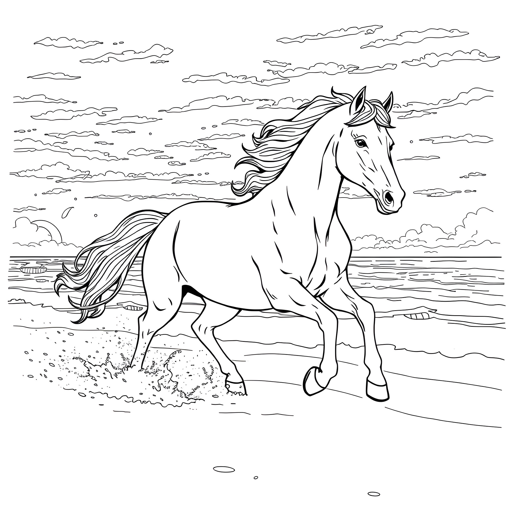 Horse galloping through the countryside Coloring Page (free black-and-white line drawing printable PDF for all, from beginners to advanced learners, including children, teens, adults, and seniors)