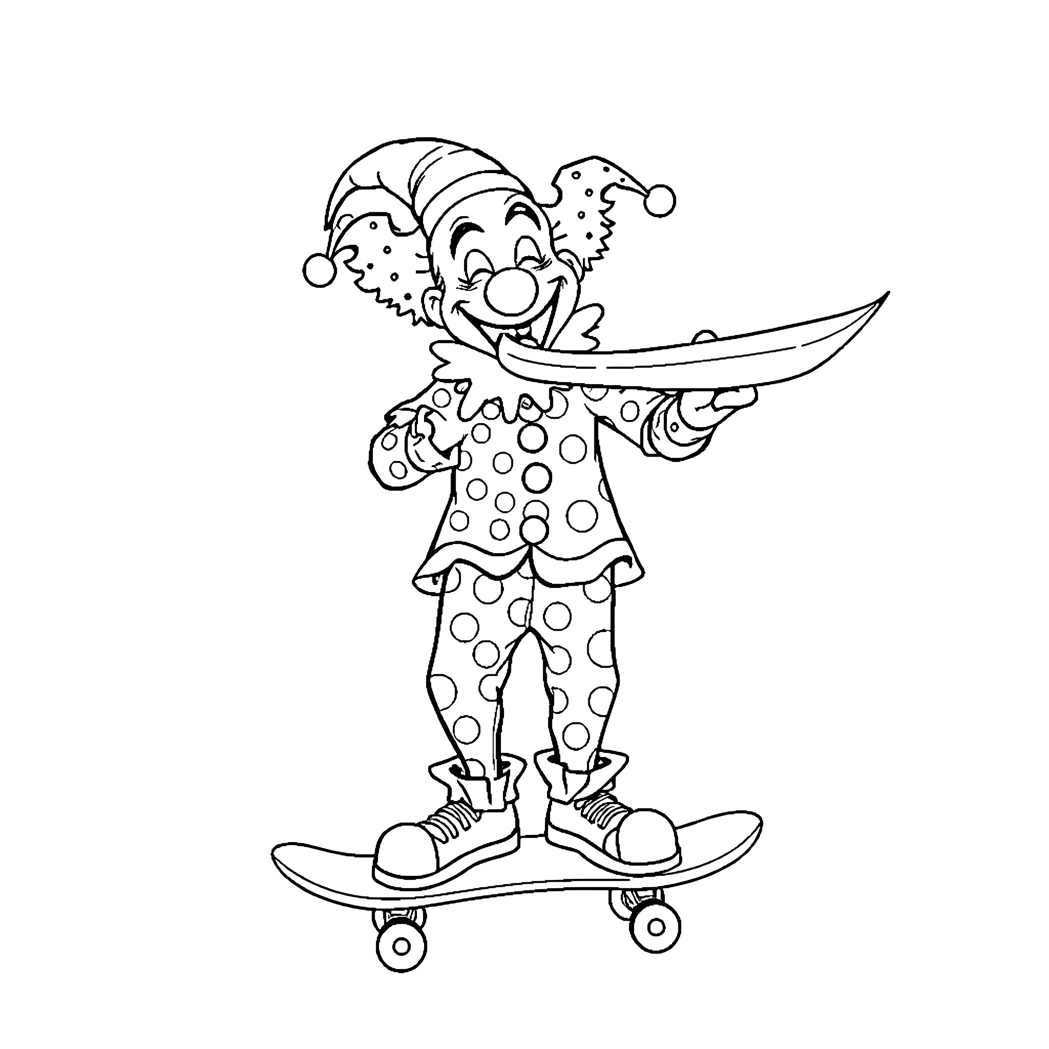 Clown riding skateboard with silly expression Coloring Page (free black-and-white line drawing printable PDF for all, from beginners to advanced learners, including children, teens, adults, and seniors)
