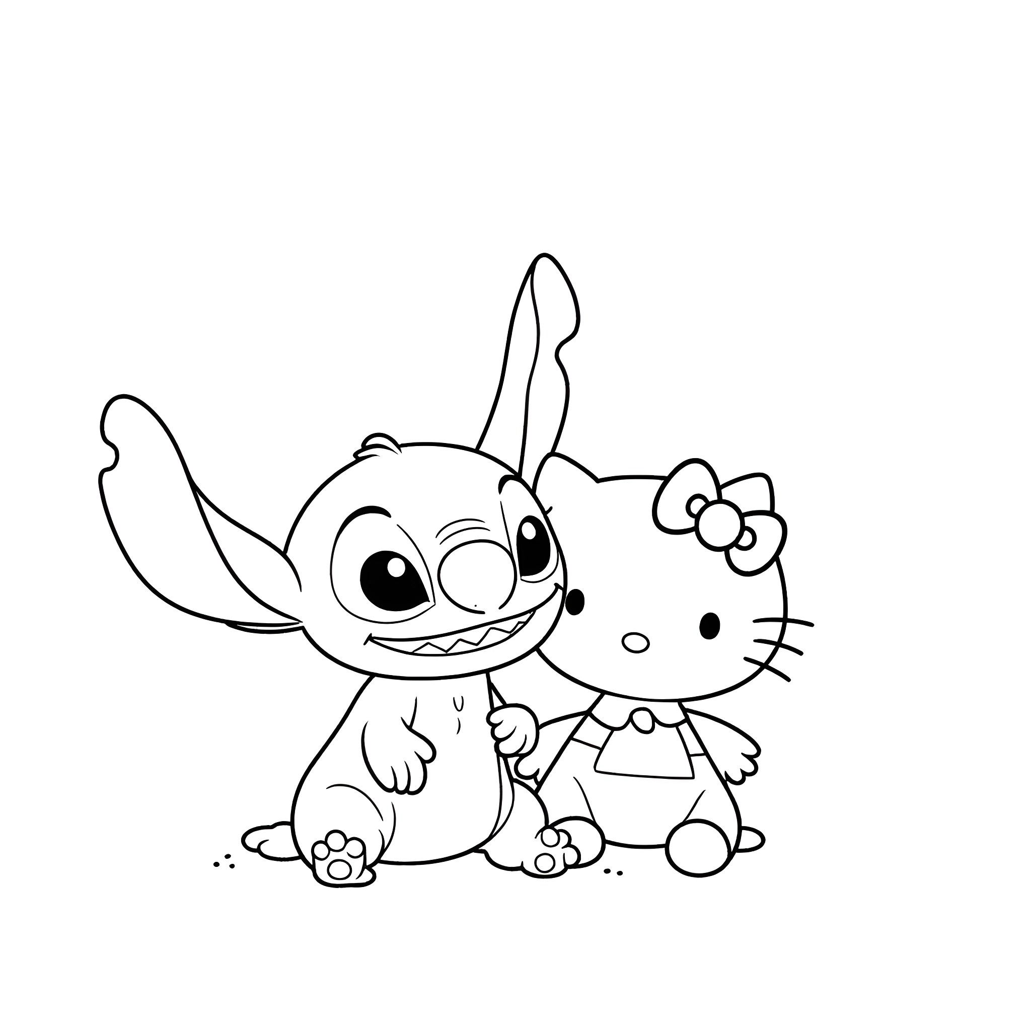 Stitch and Hello Kitty playing together Coloring Page (free black-and-white line drawing printable PDF for all, from beginners to advanced learners, including children, teens, adults, and seniors)