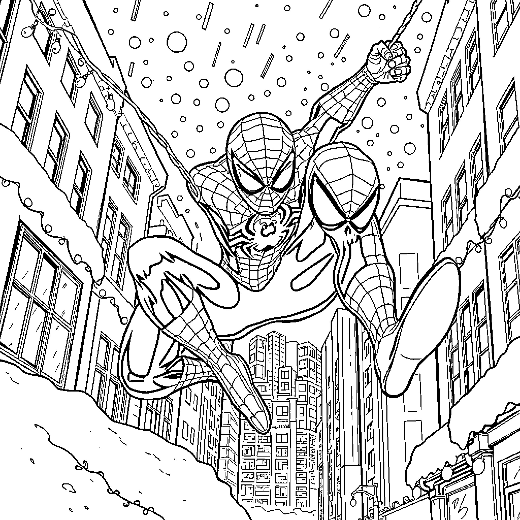 Spiderman swinging through the city skyline Coloring Page (free black-and-white line drawing printable PDF for all, from beginners to advanced learners, including children, teens, adults, and seniors)