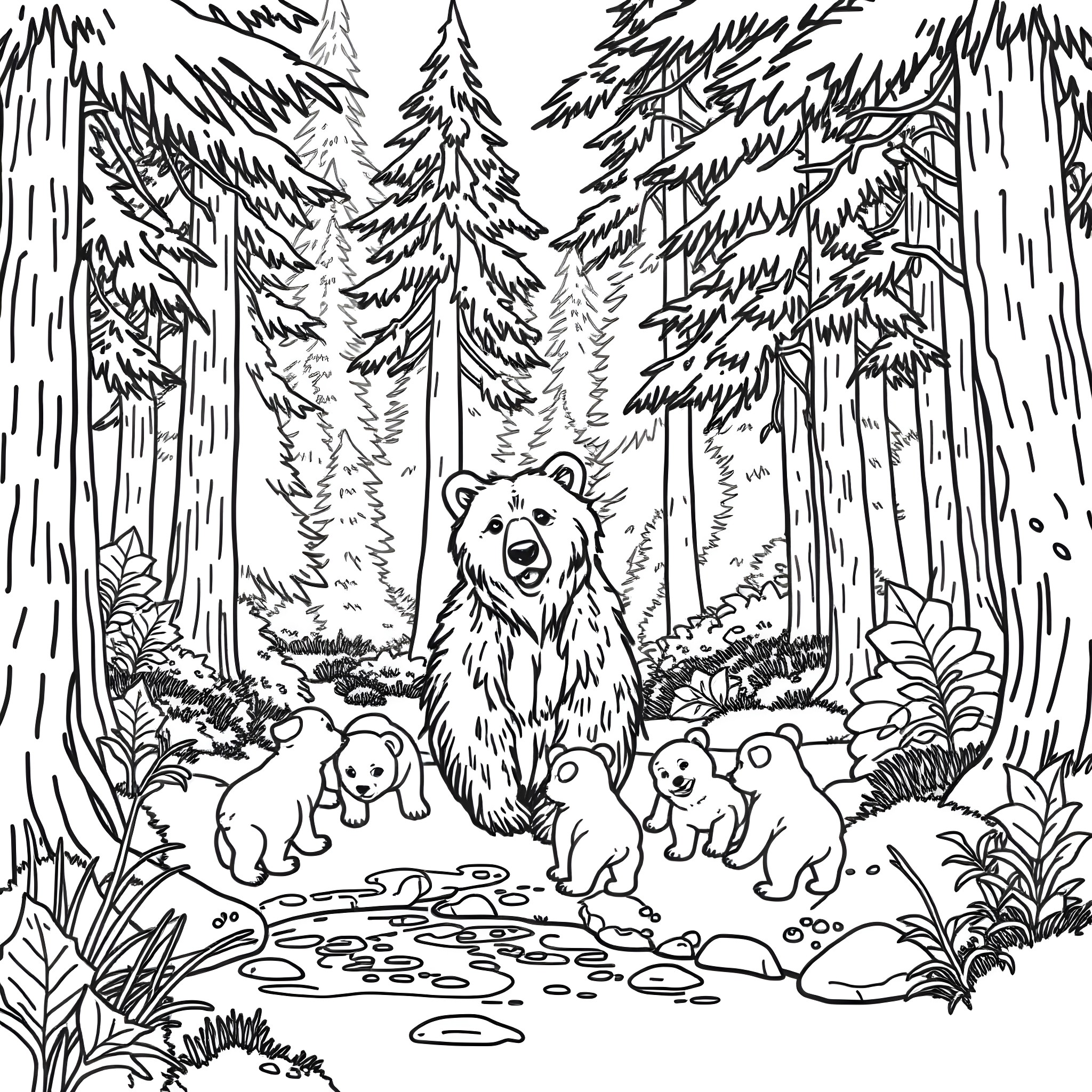 Bear and her cubs in a forest Coloring Page (free black-and-white line drawing printable PDF for all, from beginners to advanced learners, including children, teens, adults, and seniors)