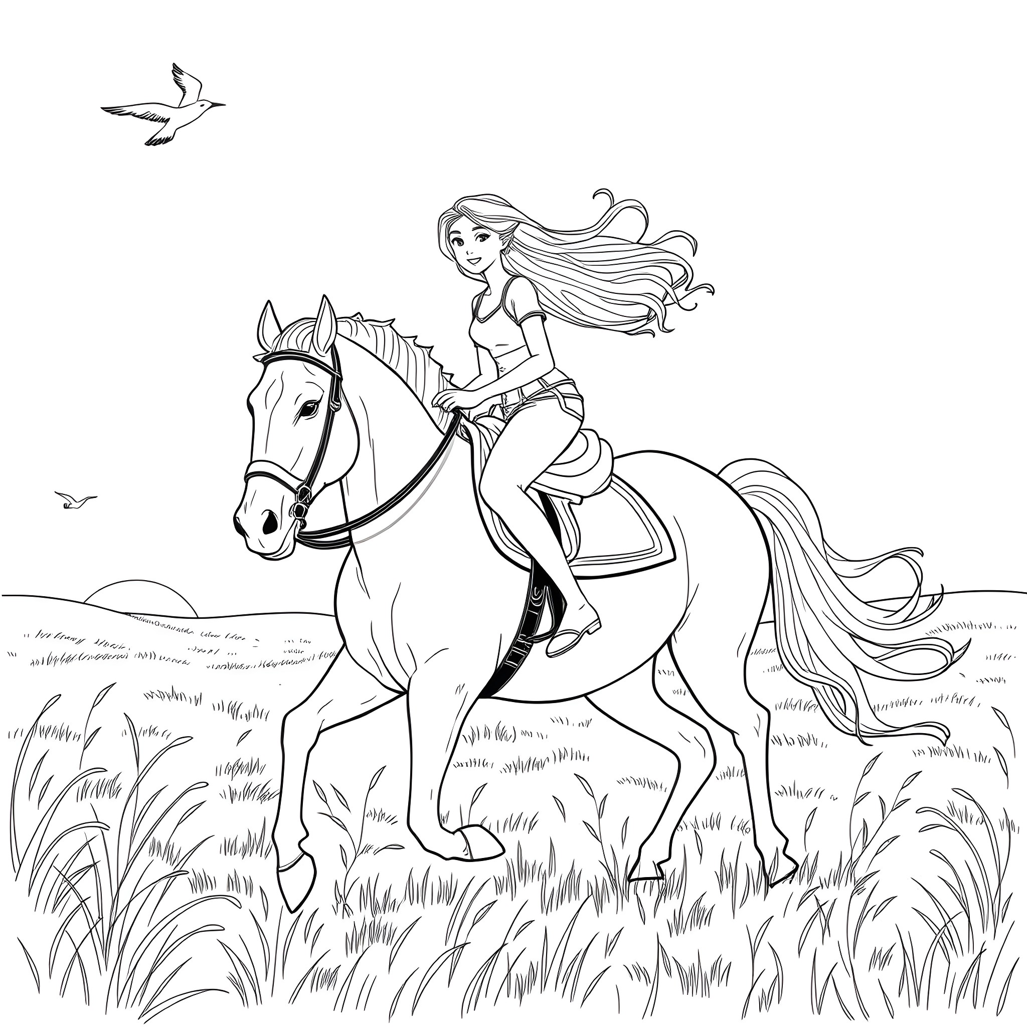 Teen Girl Riding Gracefully on a Horse in the Meadow Coloring Page (free black-and-white line drawing printable PDF for all, from beginners to advanced learners, including children, teens, adults, and seniors)
