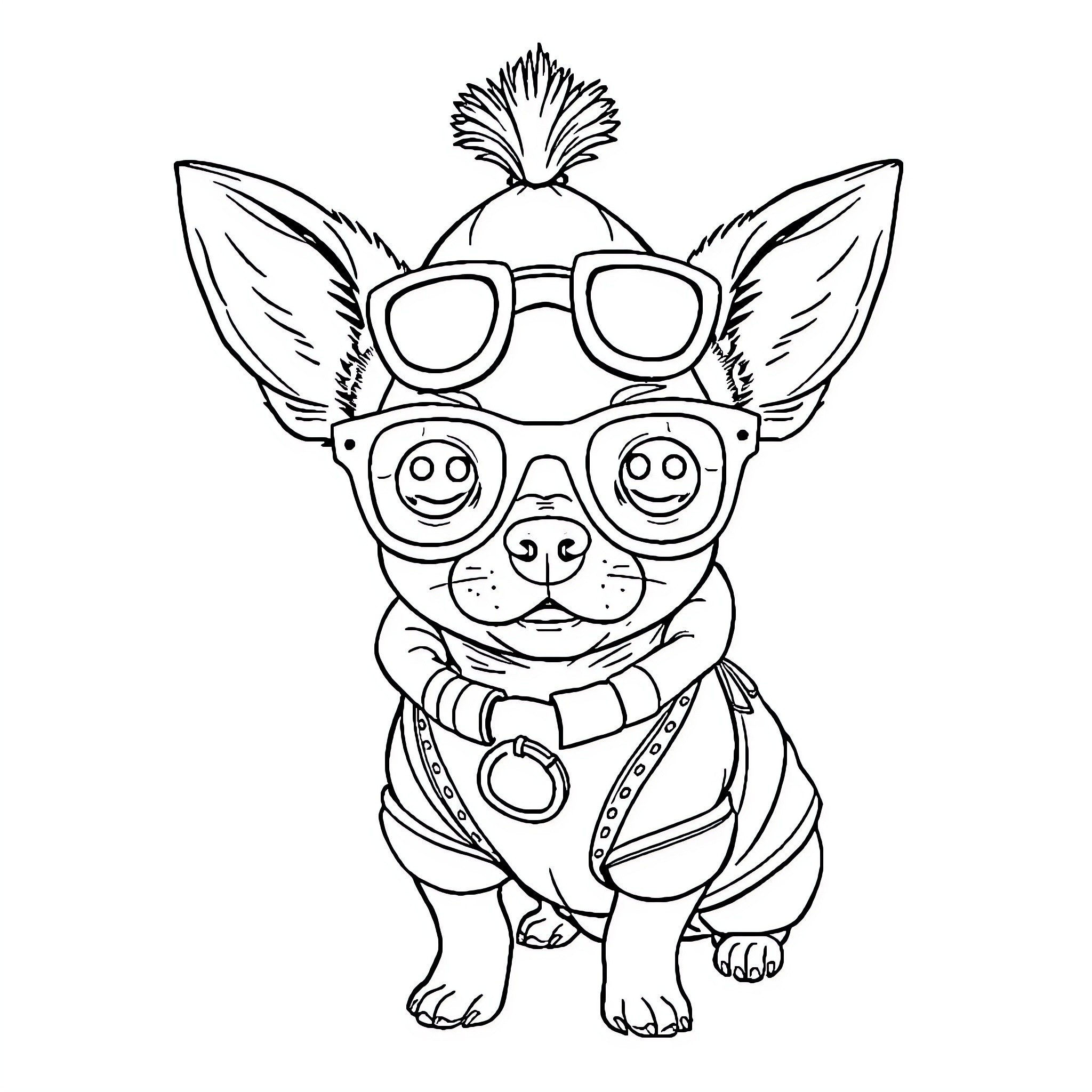 Chihuahua wearing sunglasses and a collar Coloring Page (free black-and-white line drawing printable PDF for all, from beginners to advanced learners, including children, teens, adults, and seniors)