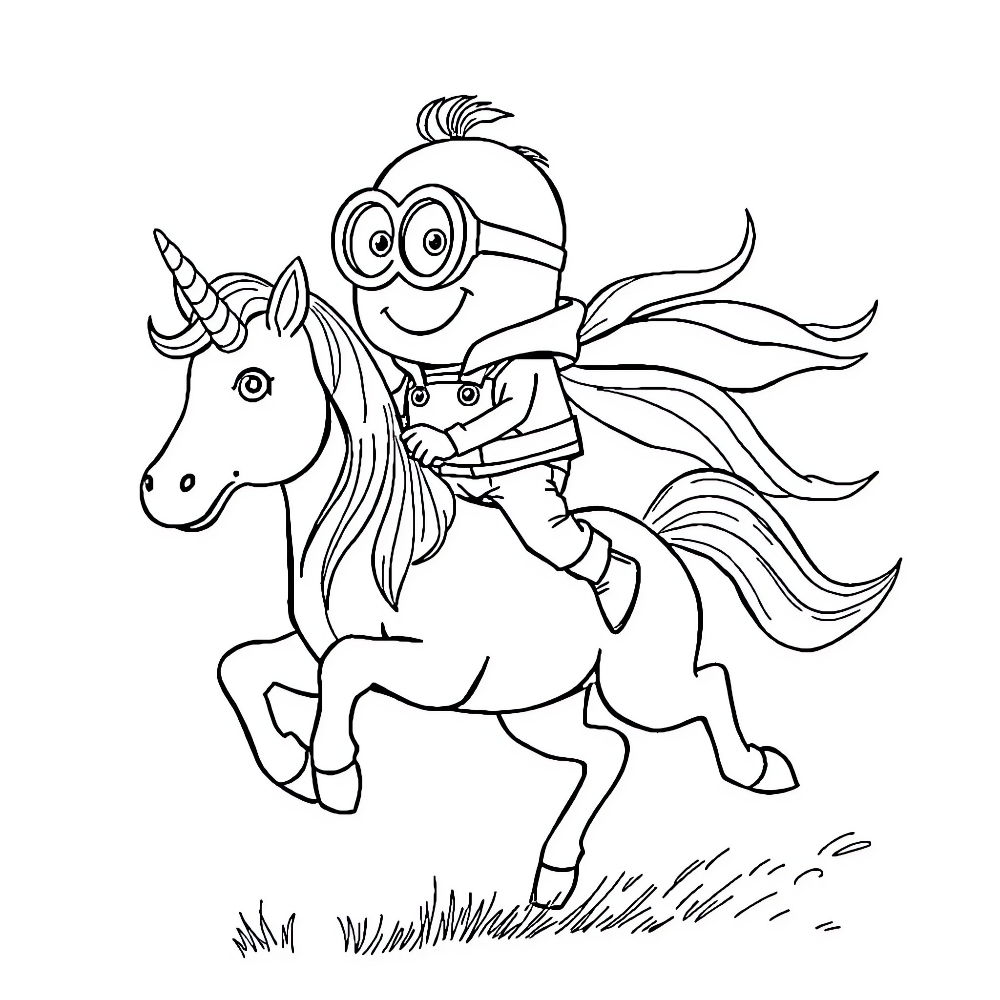 Minion riding a magical unicorn Coloring Page (free black-and-white line drawing printable PDF for all, from beginners to advanced learners, including children, teens, adults, and seniors)