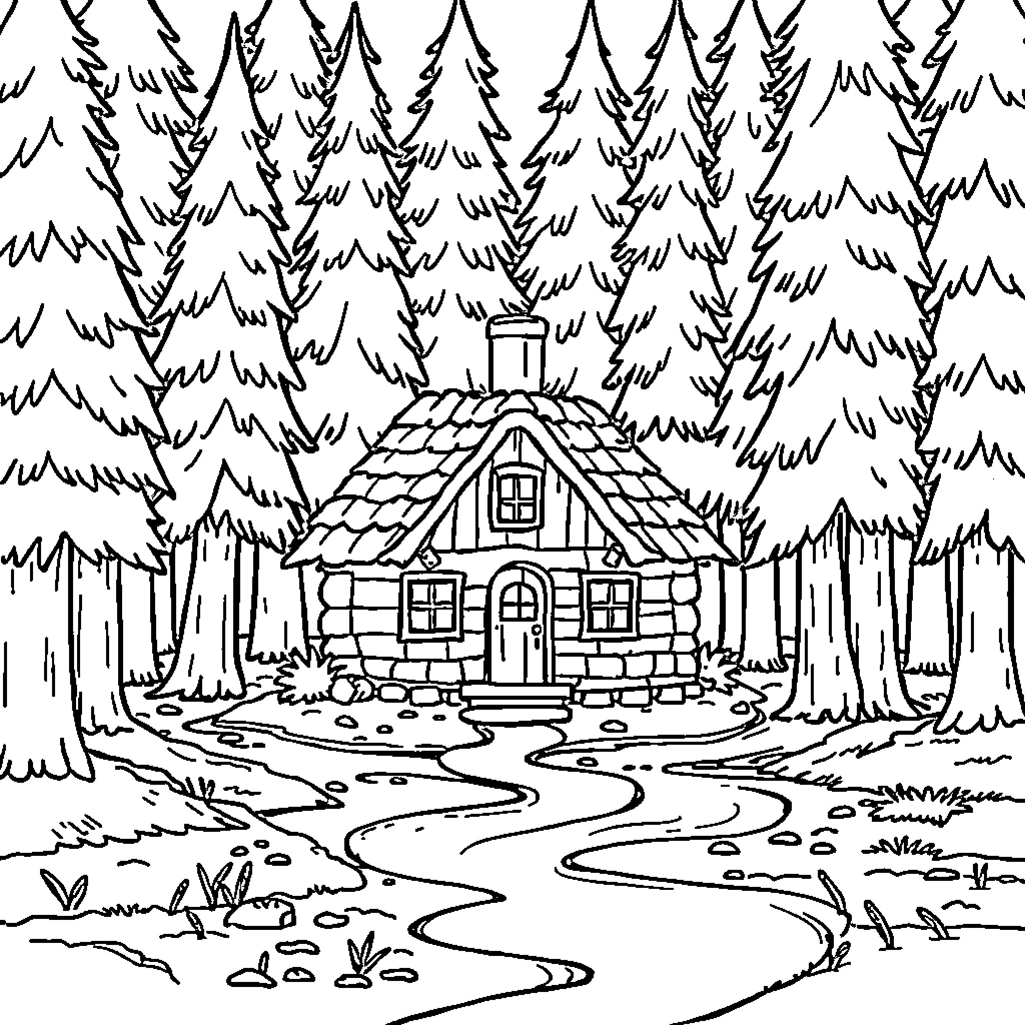 House in the Forested Wilderness Coloring Page (free black-and-white line drawing printable PDF for all, from beginners to advanced learners, including children, teens, adults, and seniors)