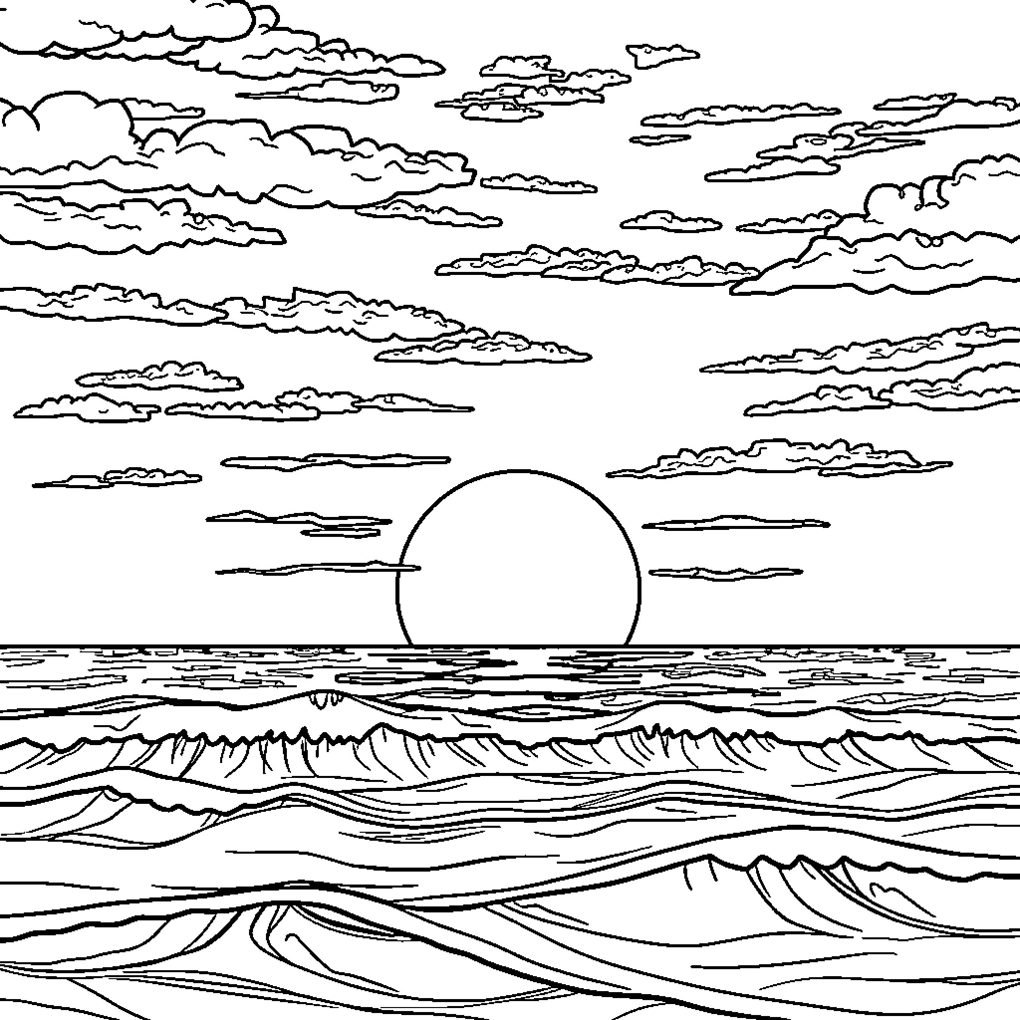 Sunset over a vast ocean landscape Coloring Page (free black-and-white line drawing printable PDF for all, from beginners to advanced learners, including children, teens, adults, and seniors)