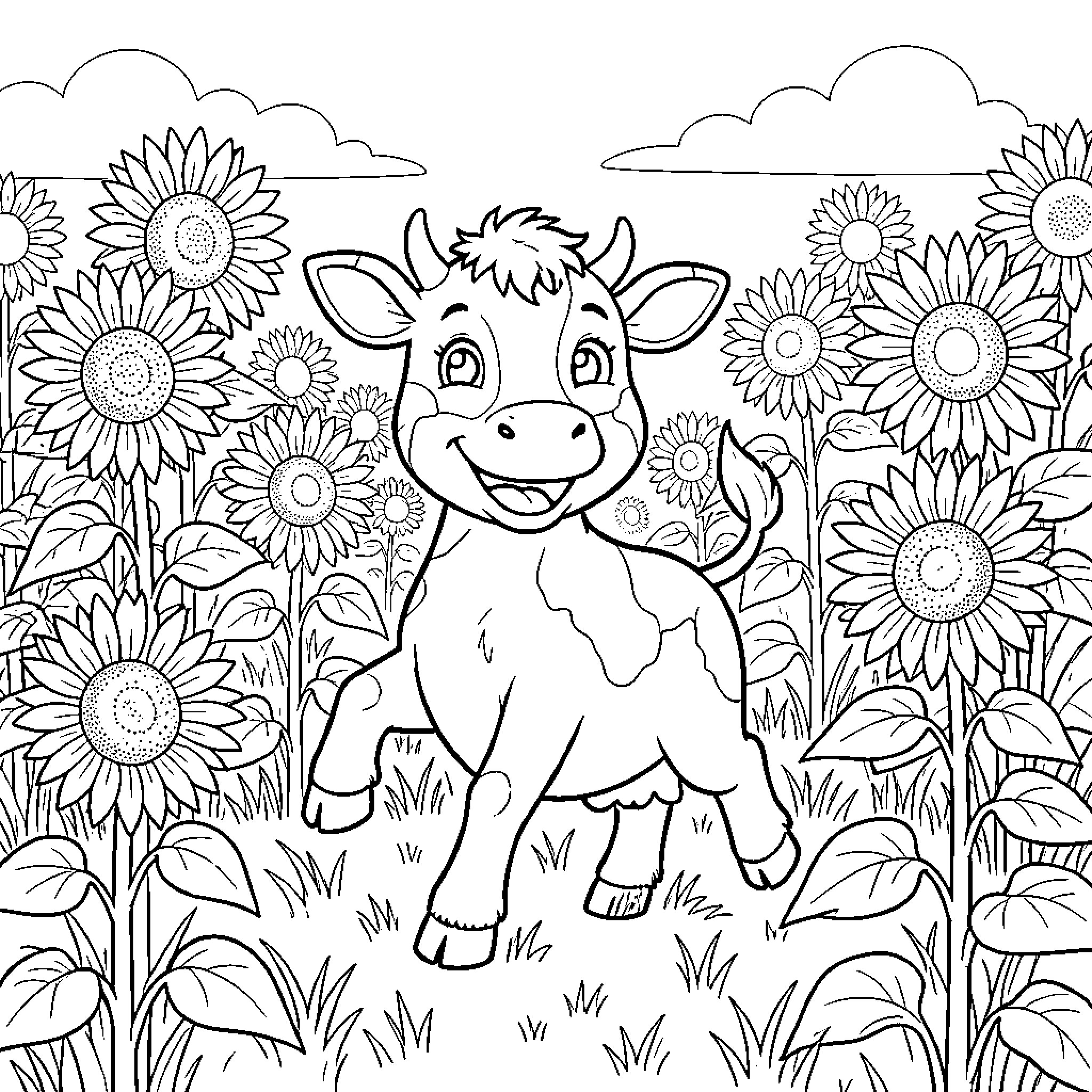 Cow playing happily in a field of sunflowers Coloring Page (free black-and-white line drawing printable PDF for all, from beginners to advanced learners, including children, teens, adults, and seniors)