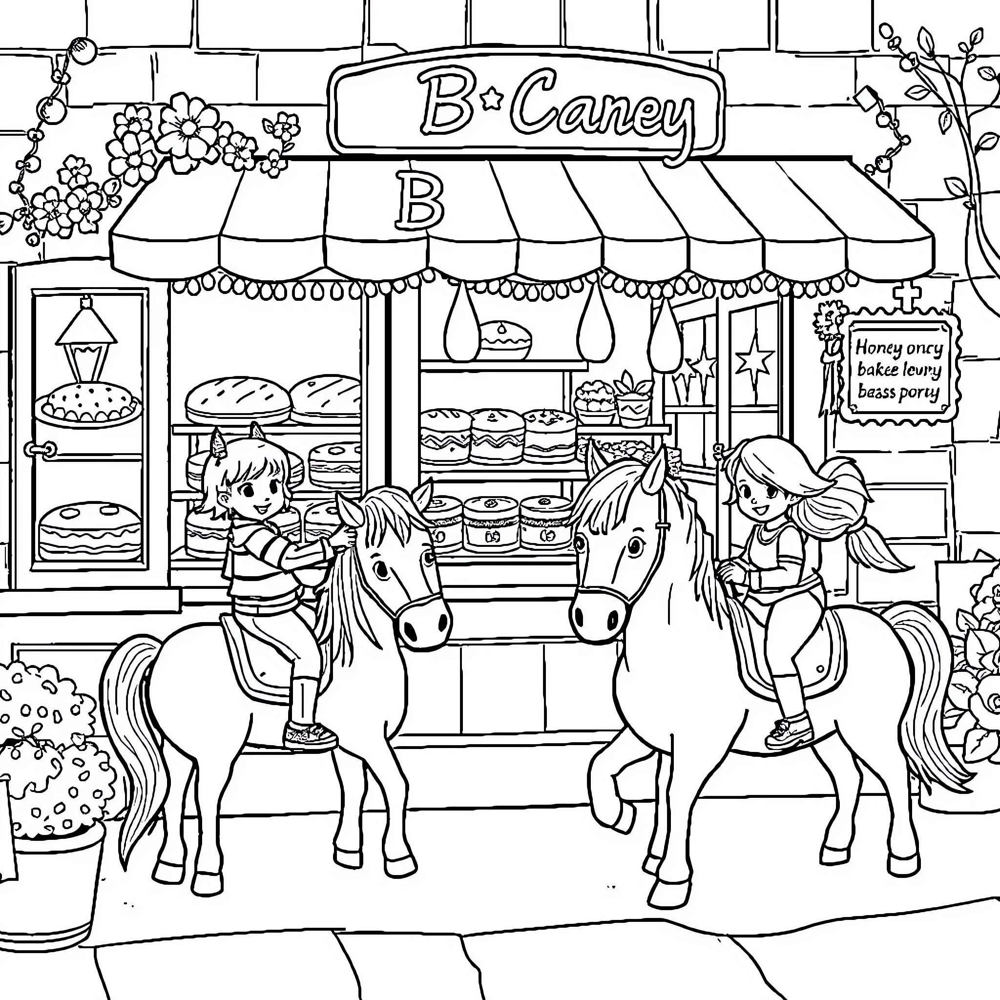 Pony-drawn carriage outside bakery storefront Coloring Page (free black-and-white line drawing printable PDF for all, from beginners to advanced learners, including children, teens, adults, and seniors)
