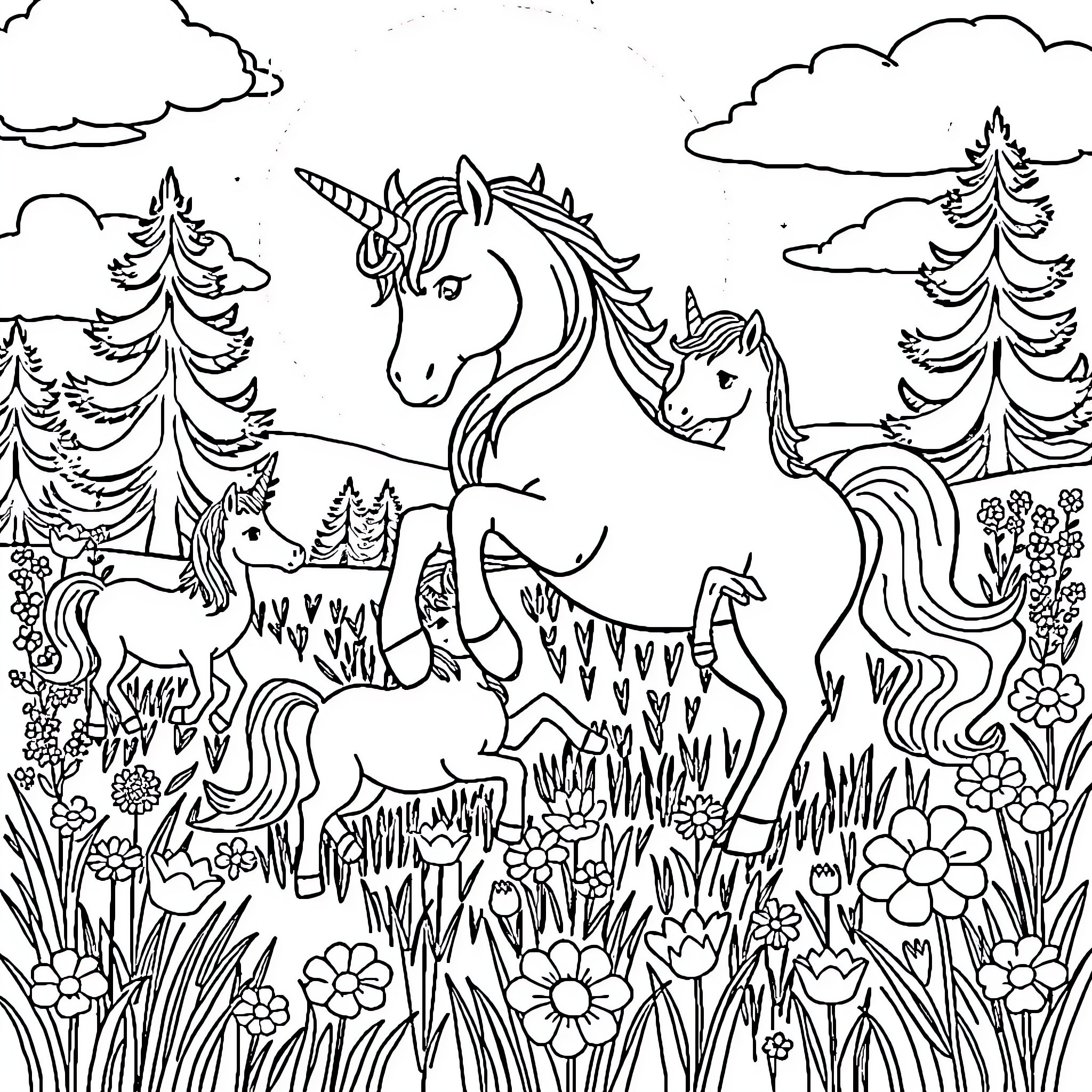 Unicorn family frolicking in enchanted forest Coloring Page (free black-and-white line drawing printable PDF for all, from beginners to advanced learners, including children, teens, adults, and seniors)