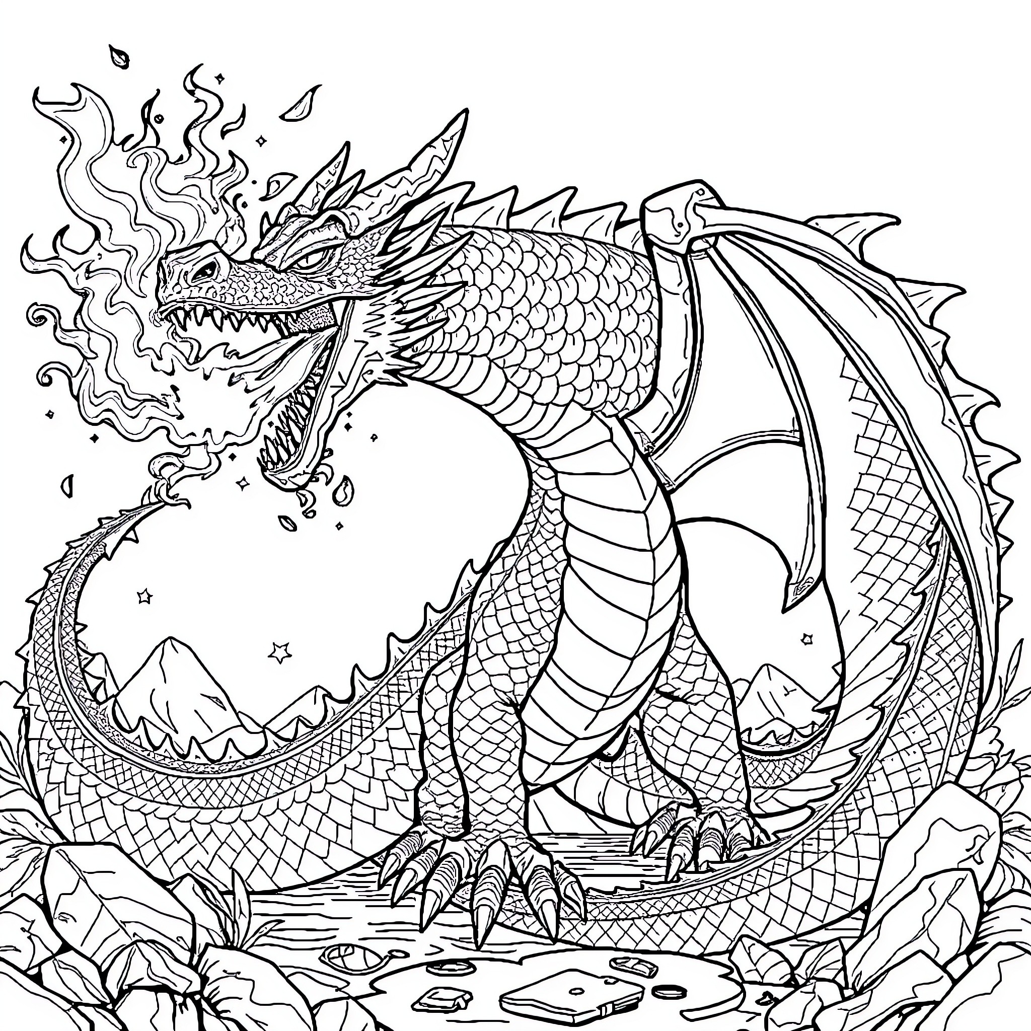 Dragon Breathing Fire in Fantasy Landscape Coloring Page (free black-and-white line drawing printable PDF for all, from beginners to advanced learners, including children, teens, adults, and seniors)