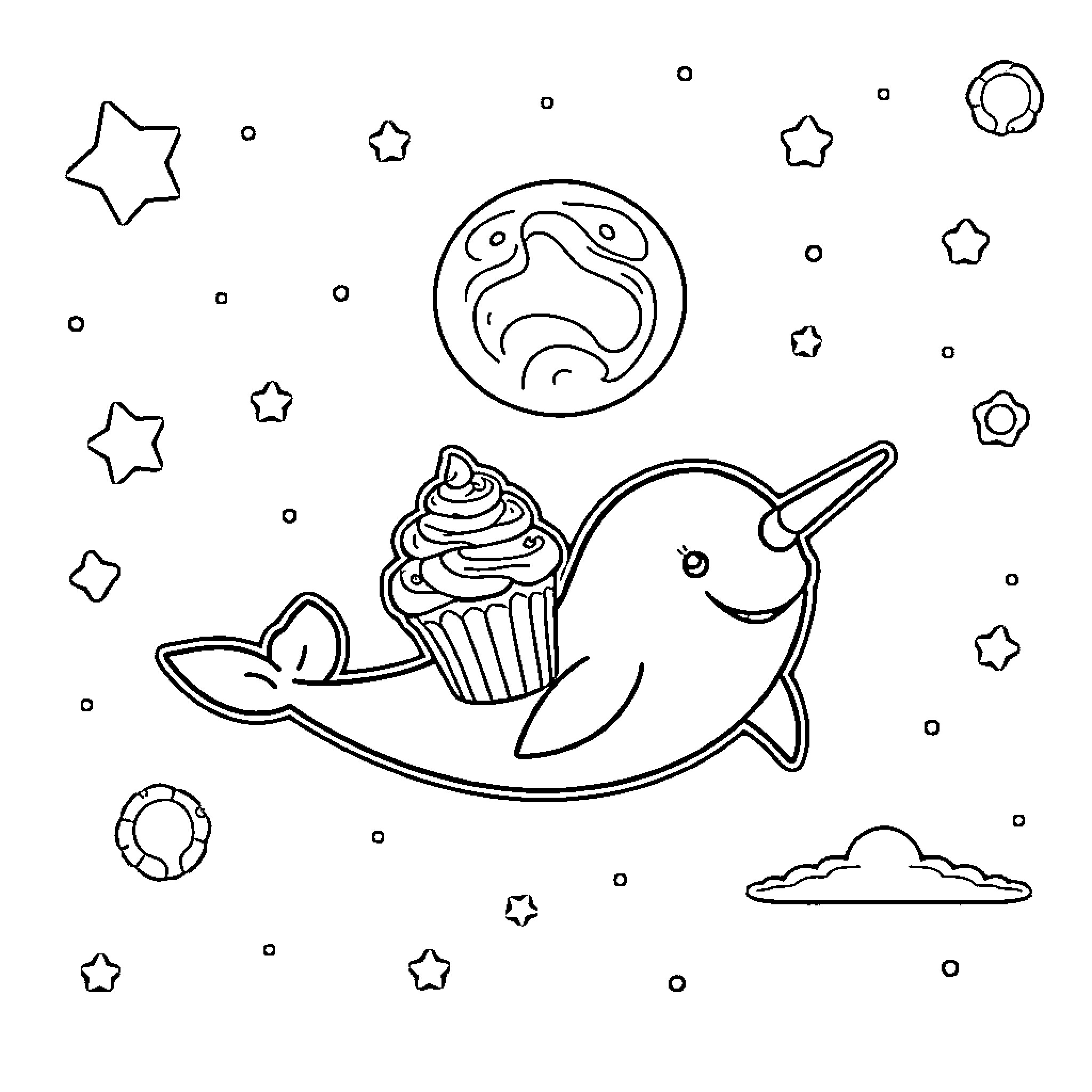 Narwhal enjoying a cupcake in the starry night Coloring Page (free black-and-white line drawing printable PDF for all, from beginners to advanced learners, including children, teens, adults, and seniors)