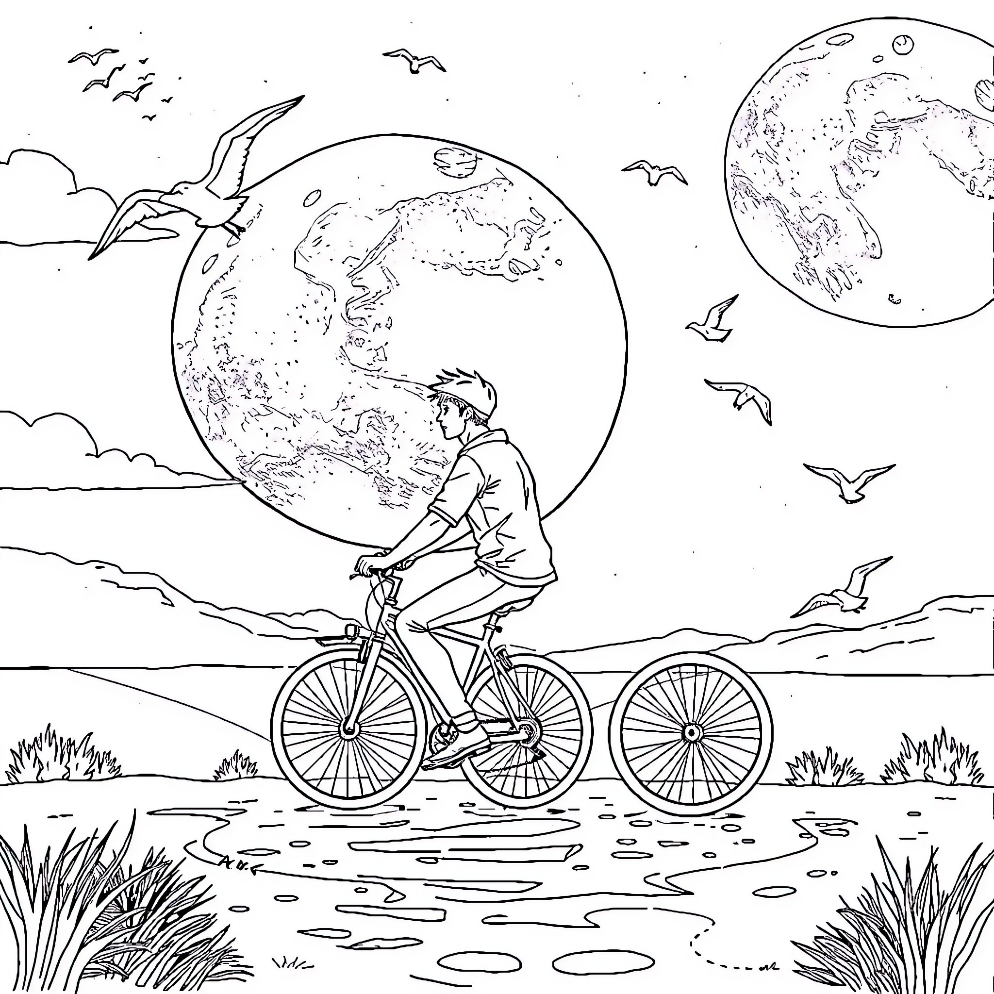 Cat exploring the world on a bicycle Coloring Page (free black-and-white line drawing printable PDF for all, from beginners to advanced learners, including children, teens, adults, and seniors)