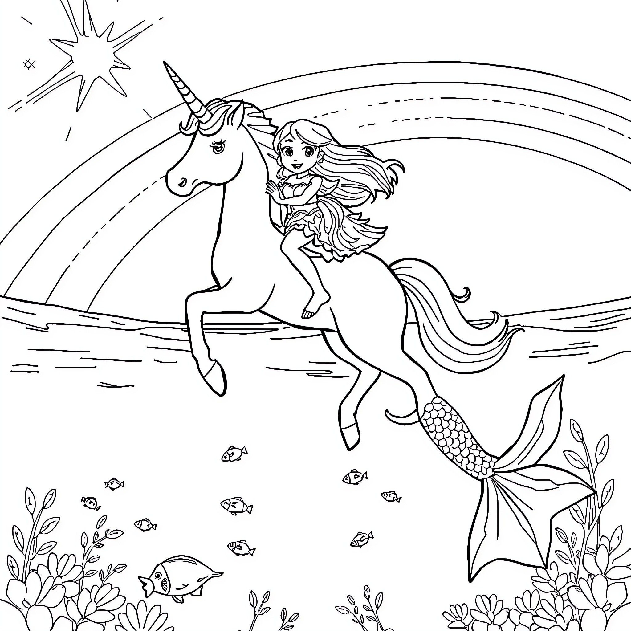 Gabby's Magical Unicorn Adventure Coloring Page (free black-and-white line drawing printable PDF for all, from beginners to advanced learners, including children, teens, adults, and seniors)