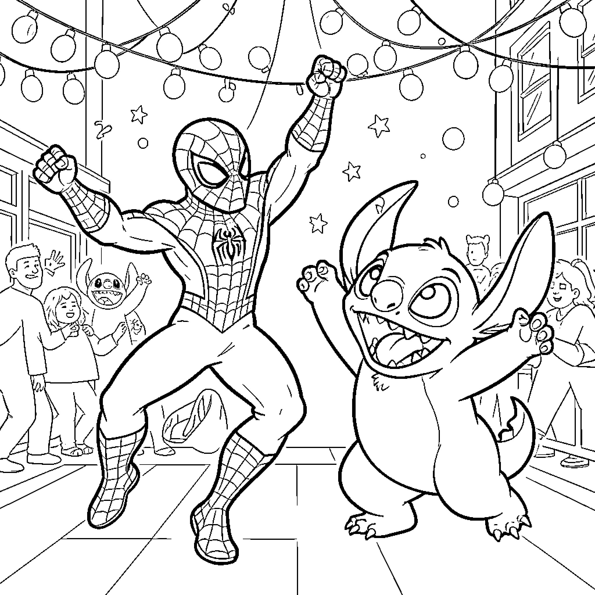 Spiderman and Stitch Celebrate in the City Coloring Page (free black-and-white line drawing printable PDF for all, from beginners to advanced learners, including children, teens, adults, and seniors)