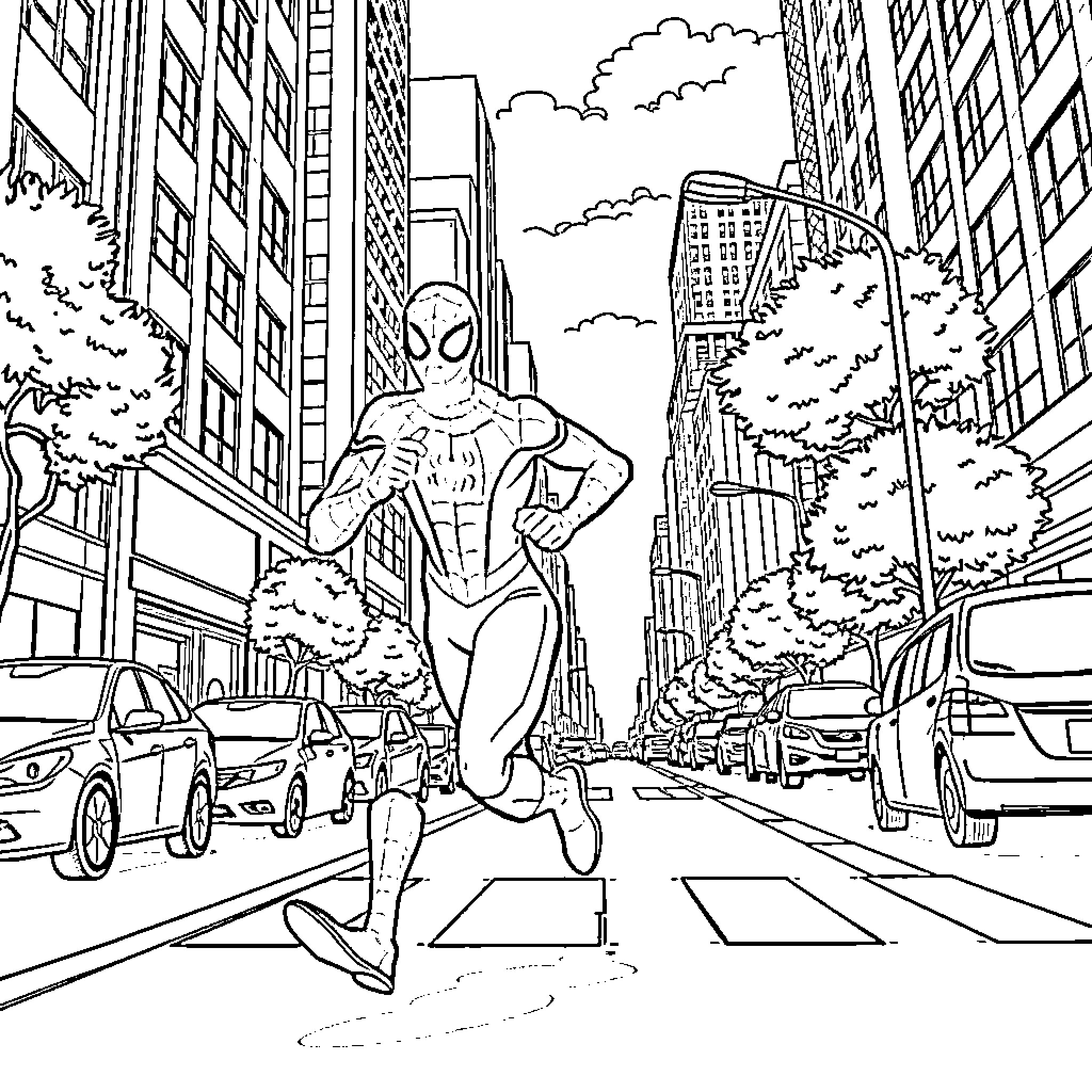 Spiderman swinging through the city streets Coloring Page (free black-and-white line drawing printable PDF for all, from beginners to advanced learners, including children, teens, adults, and seniors)