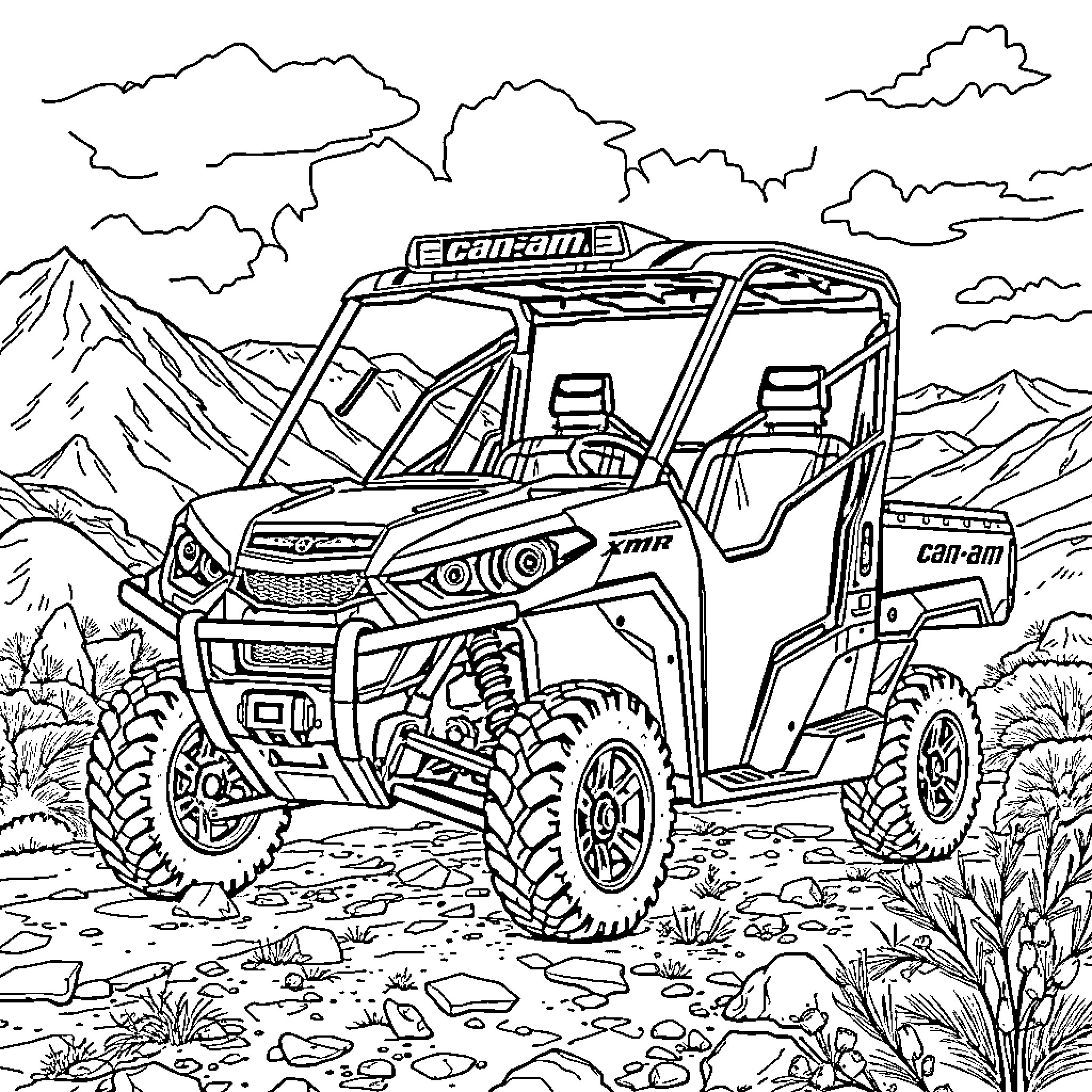 Can-Am XMR ATV off-roading in rugged mountain terrain Coloring Page (free black-and-white line drawing printable PDF for all, from beginners to advanced learners, including children, teens, adults, and seniors)