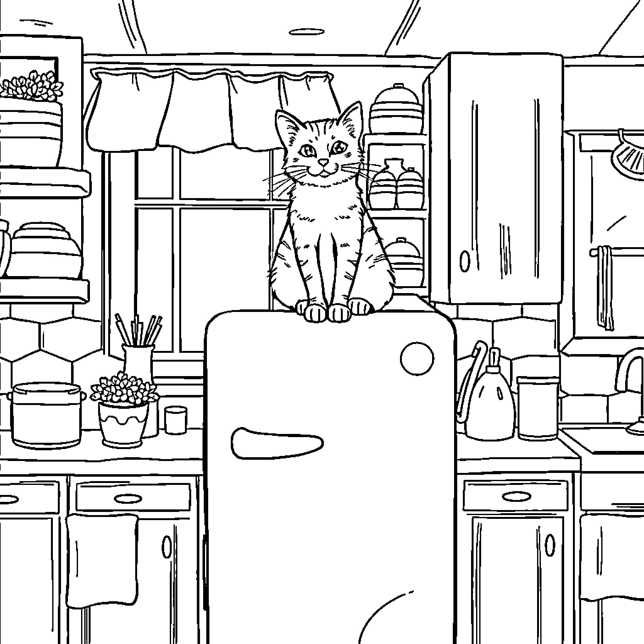 Cat exploring a cluttered kitchen interior Coloring Page (free black-and-white line drawing printable PDF for all, from beginners to advanced learners, including children, teens, adults, and seniors)