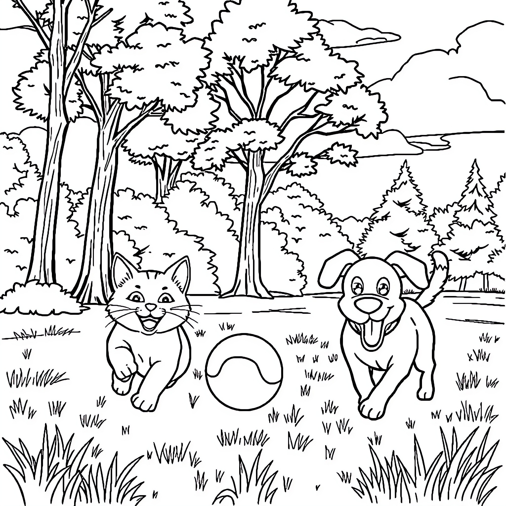 Cat and Dog Playing in the Forest Coloring Page (free black-and-white line drawing printable PDF for all, from beginners to advanced learners, including children, teens, adults, and seniors)