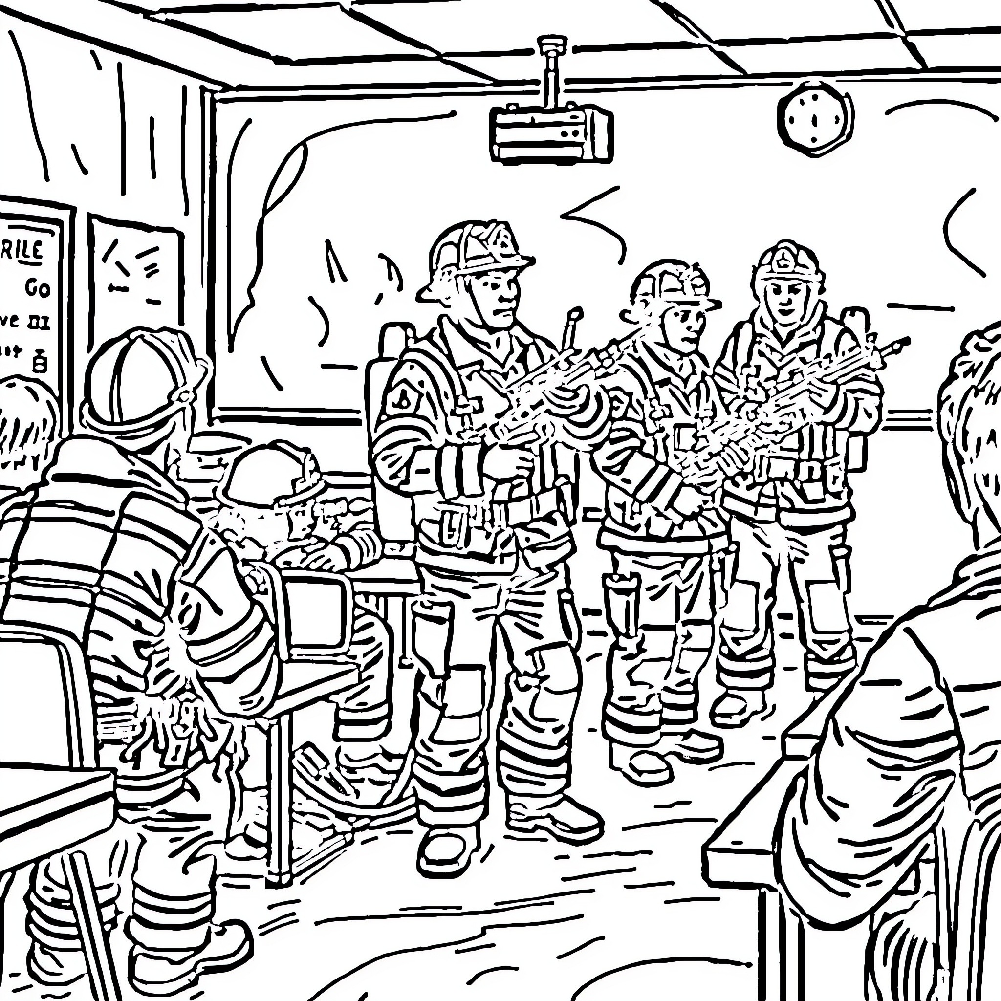 Firefighters Preparing for Emergency Response Coloring Page (free black-and-white line drawing printable PDF for all, from beginners to advanced learners, including children, teens, adults, and seniors)