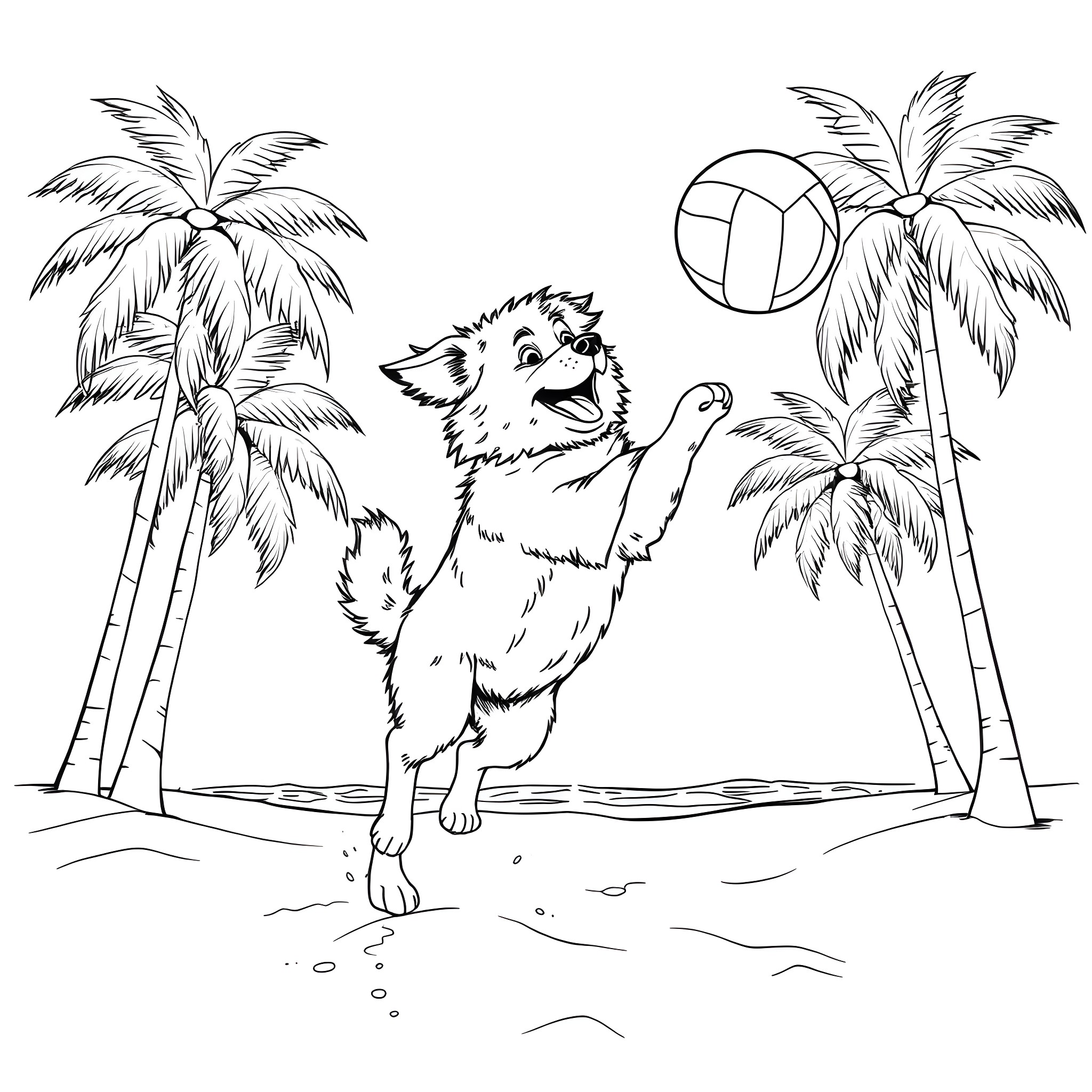 Dog playing with volleyball on tropical beach Coloring Page (free black-and-white line drawing printable PDF for all, from beginners to advanced learners, including children, teens, adults, and seniors)