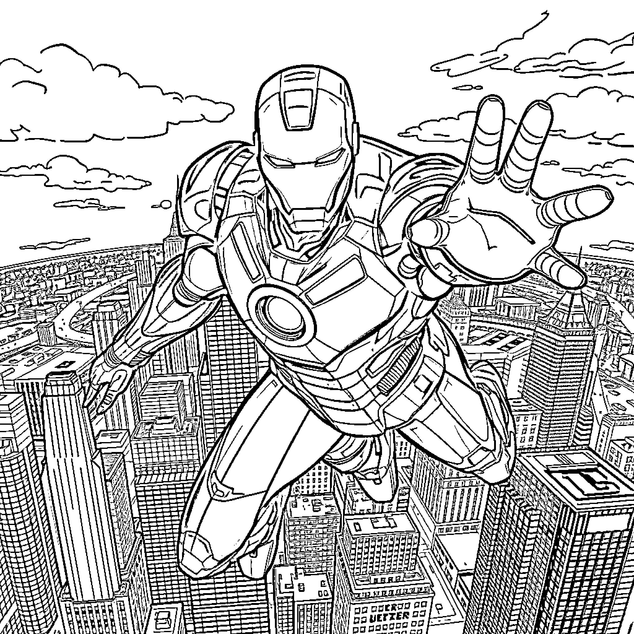 Ironman soaring above the cityscape Coloring Page (free black-and-white line drawing printable PDF for all, from beginners to advanced learners, including children, teens, adults, and seniors)