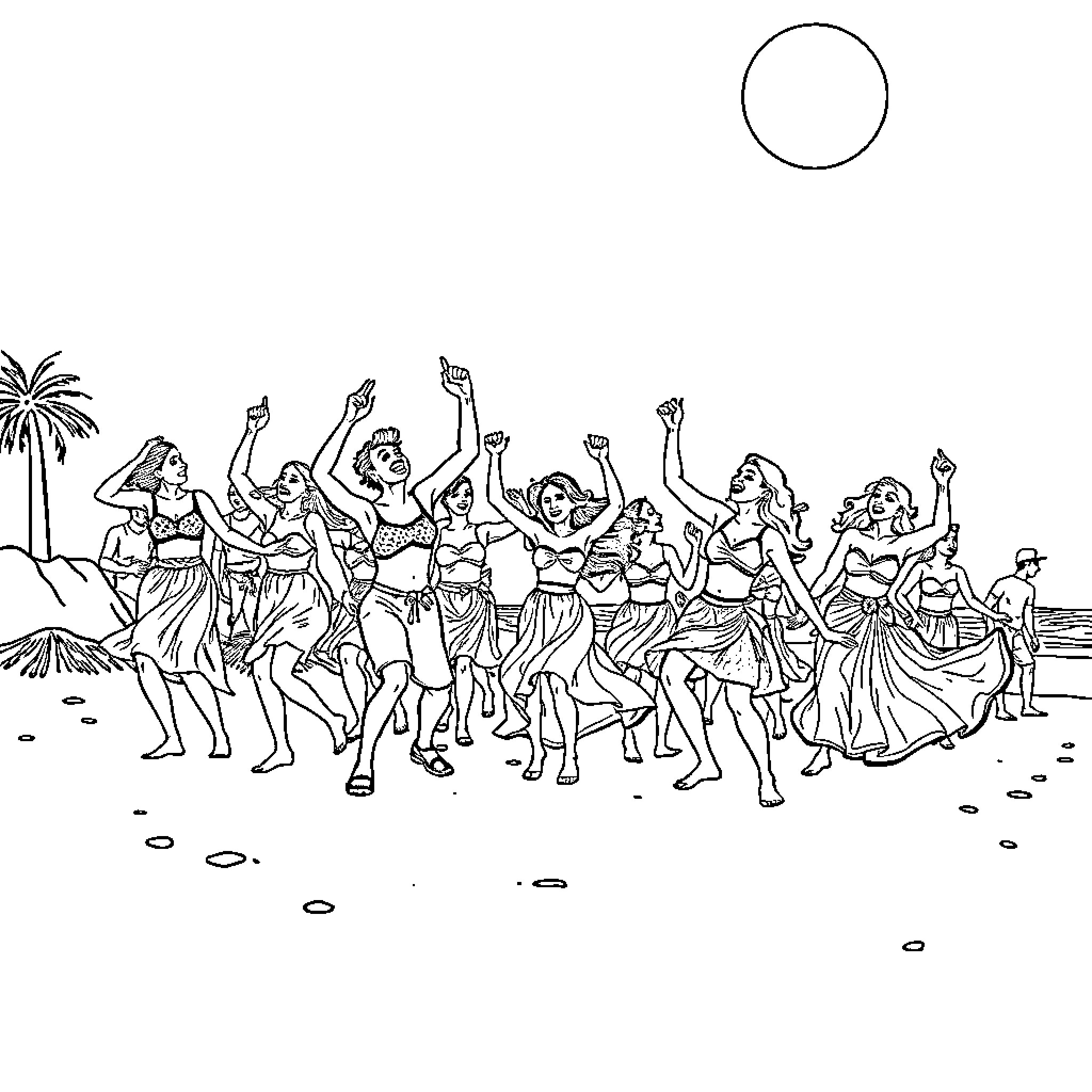 Brainrot: Joyful beachside dance party Coloring Page (free black-and-white line drawing printable PDF for all, from beginners to advanced learners, including children, teens, adults, and seniors)