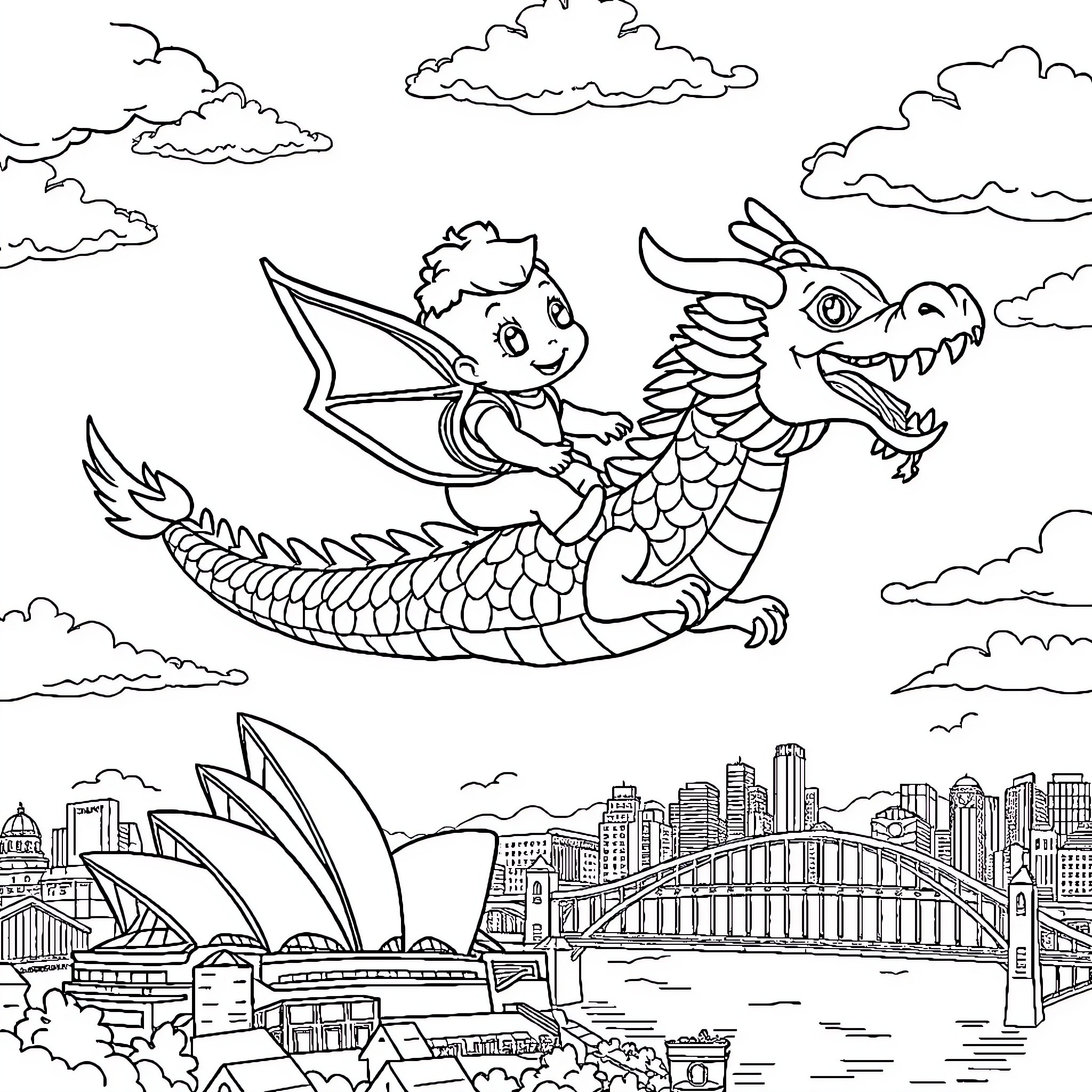 Labubu's Aerial Adventure with a Mythical Dragon Coloring Page (free black-and-white line drawing printable PDF for all, from beginners to advanced learners, including children, teens, adults, and seniors)