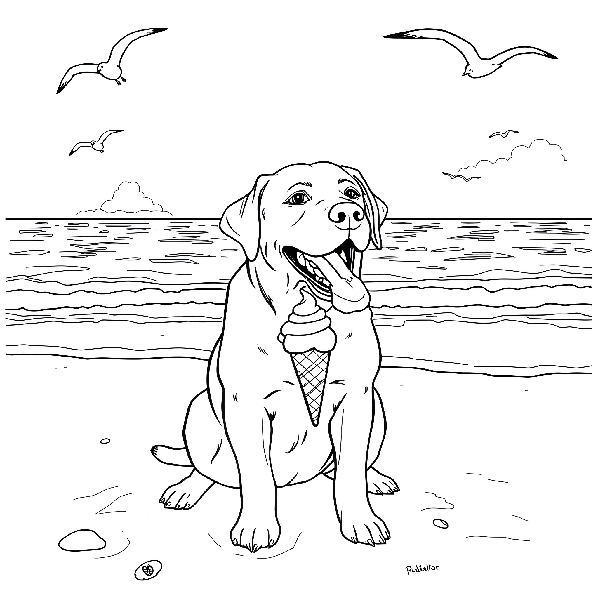 Labrador enjoying the beach with seagulls Coloring Page (free black-and-white line drawing printable PDF for all, from beginners to advanced learners, including children, teens, adults, and seniors)