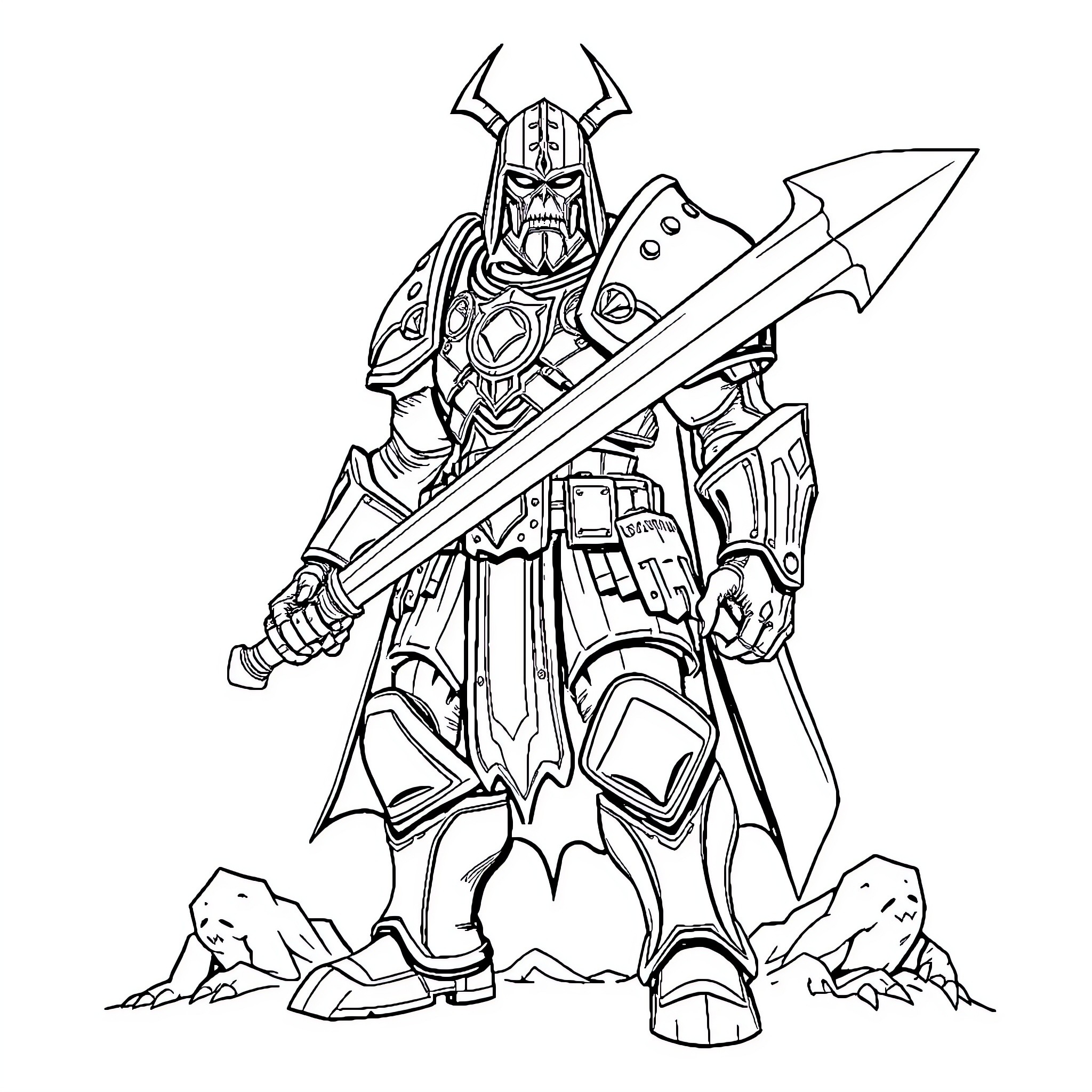 Doom Slayer Wielding Massive Weapon in Battle Stance Coloring Page (free black-and-white line drawing printable PDF for all, from beginners to advanced learners, including children, teens, adults, and seniors)