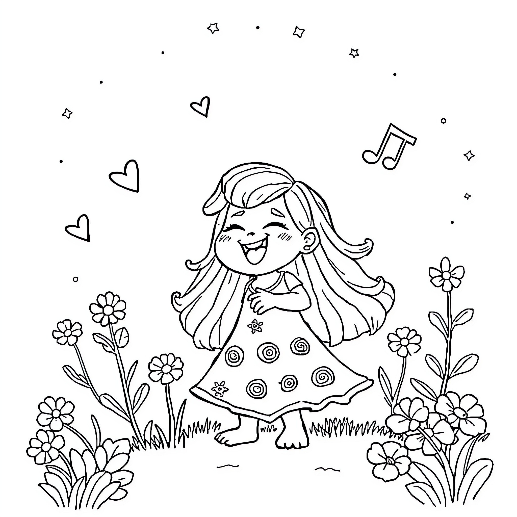 Tralalero girl dancing in floral meadow Coloring Page (free black-and-white line drawing printable PDF for all, from beginners to advanced learners, including children, teens, adults, and seniors)