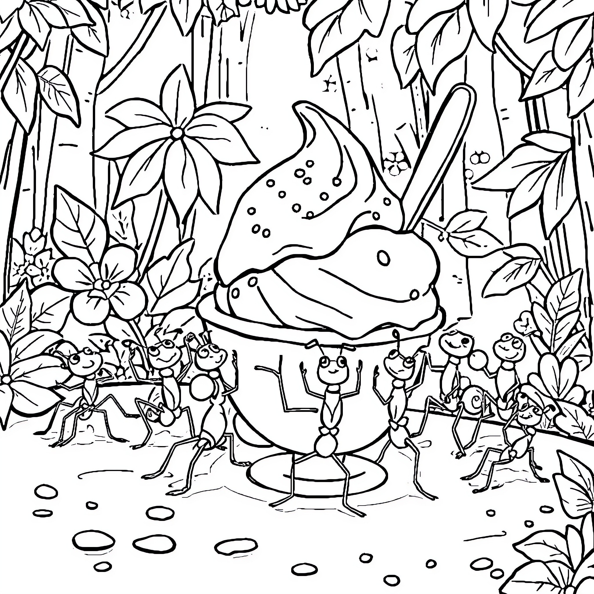 Ants carrying a large ice cream scoop in a tropical forest Coloring Page (free black-and-white line drawing printable PDF for all, from beginners to advanced learners, including children, teens, adults, and seniors)