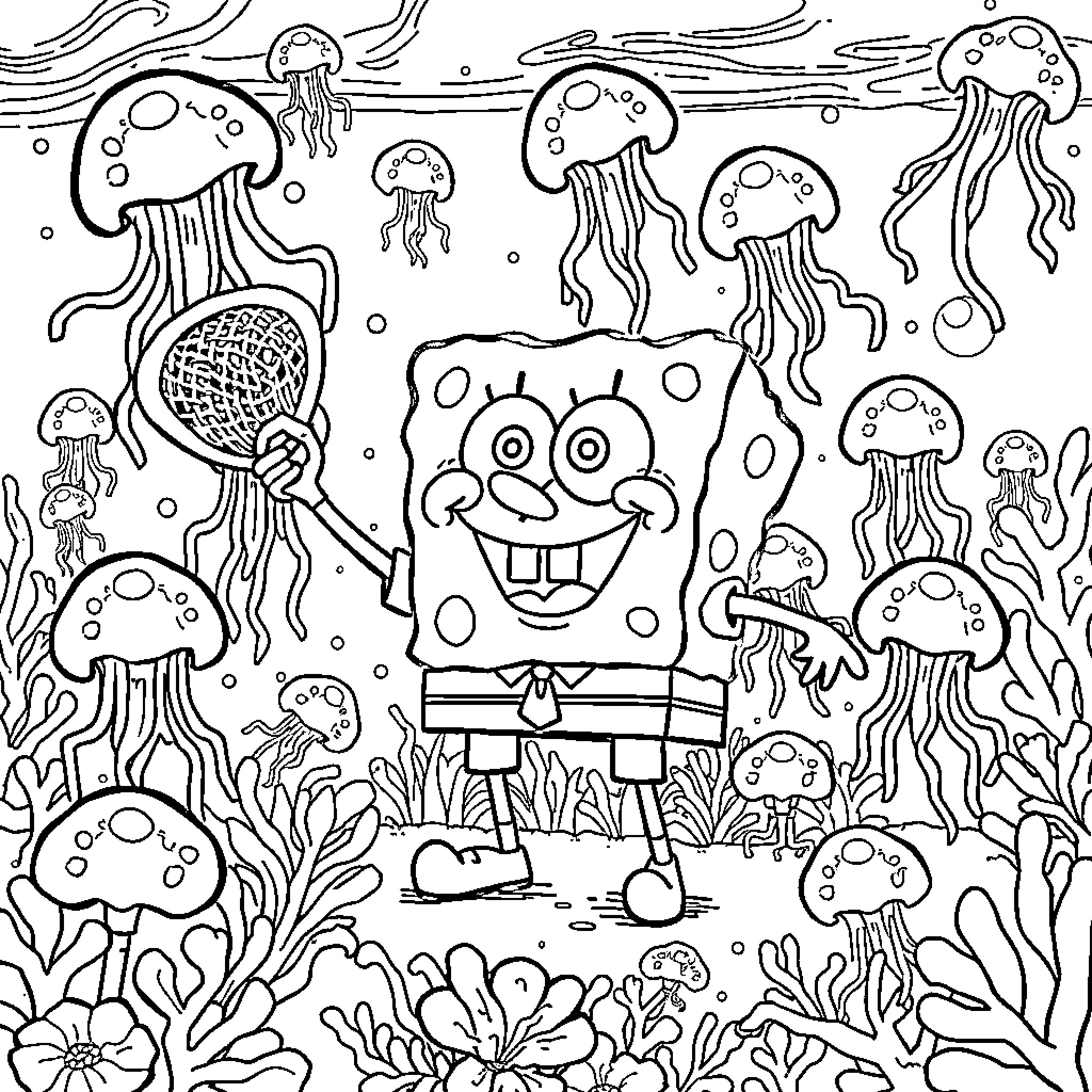 Spongebob in a whimsical underwater world Coloring Page (free black-and-white line drawing printable PDF for all, from beginners to advanced learners, including children, teens, adults, and seniors)