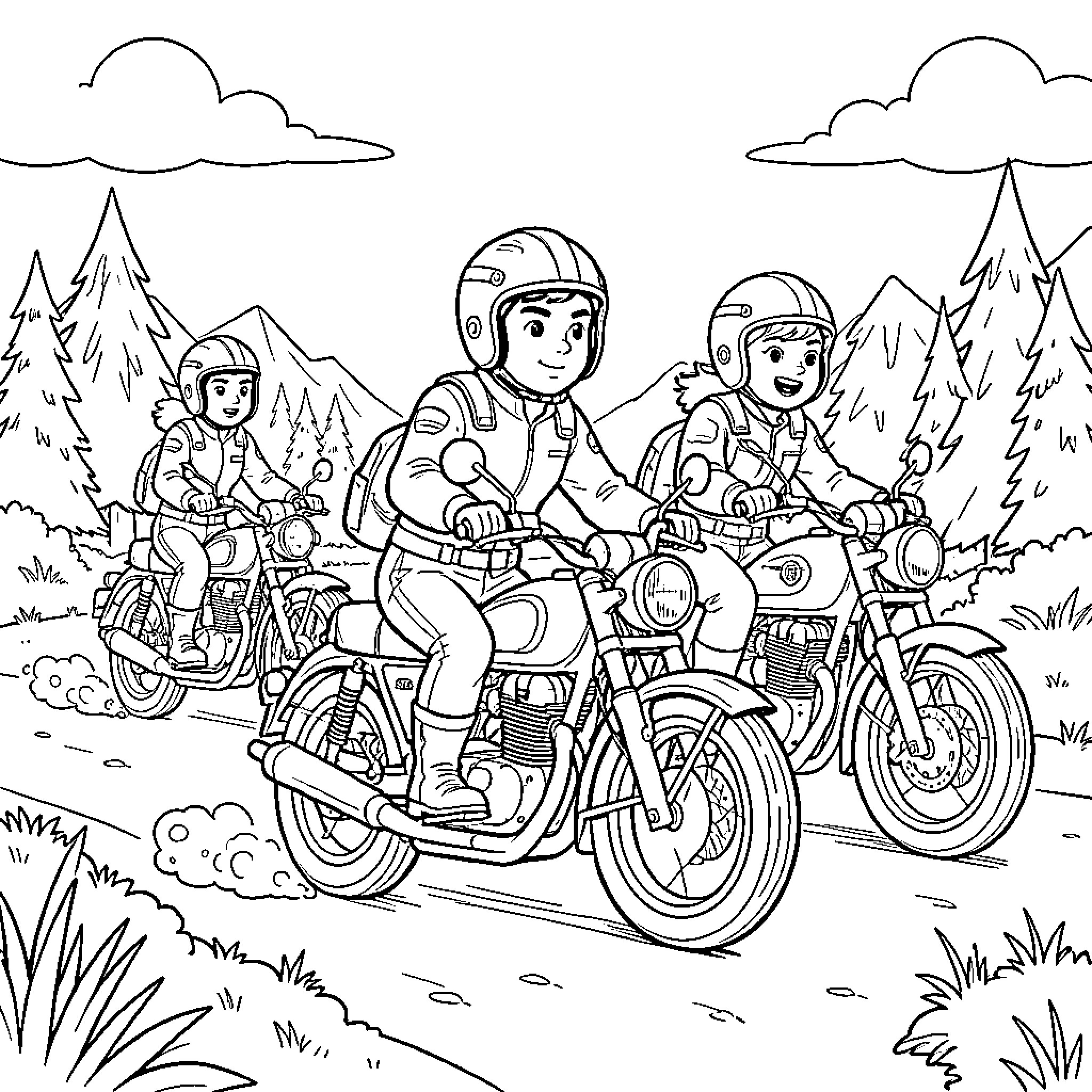 Patrouille de jeunes motards explorant la forêt Coloring Page (free black-and-white line drawing printable PDF for all, from beginners to advanced learners, including children, teens, adults, and seniors)