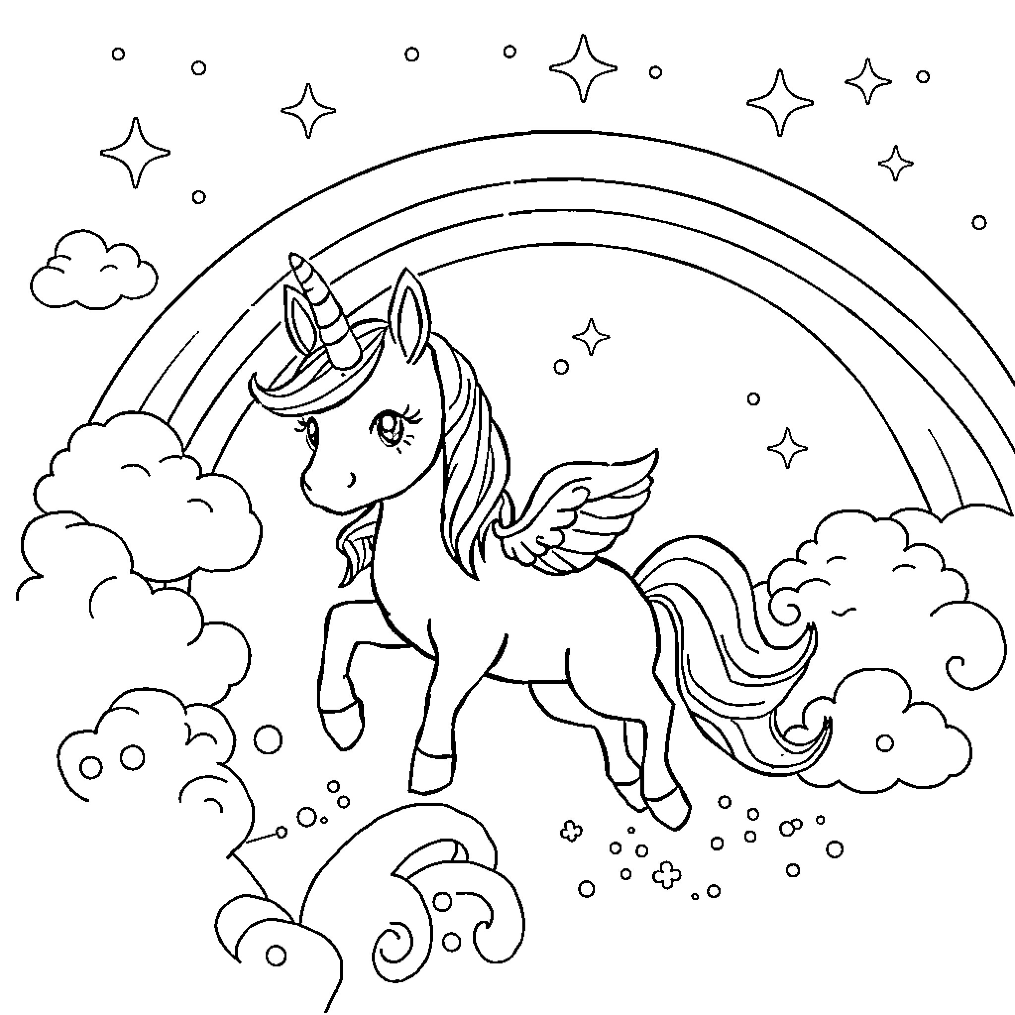 Unicorn soaring through the magical sky Coloring Page (free black-and-white line drawing printable PDF for all, from beginners to advanced learners, including children, teens, adults, and seniors)