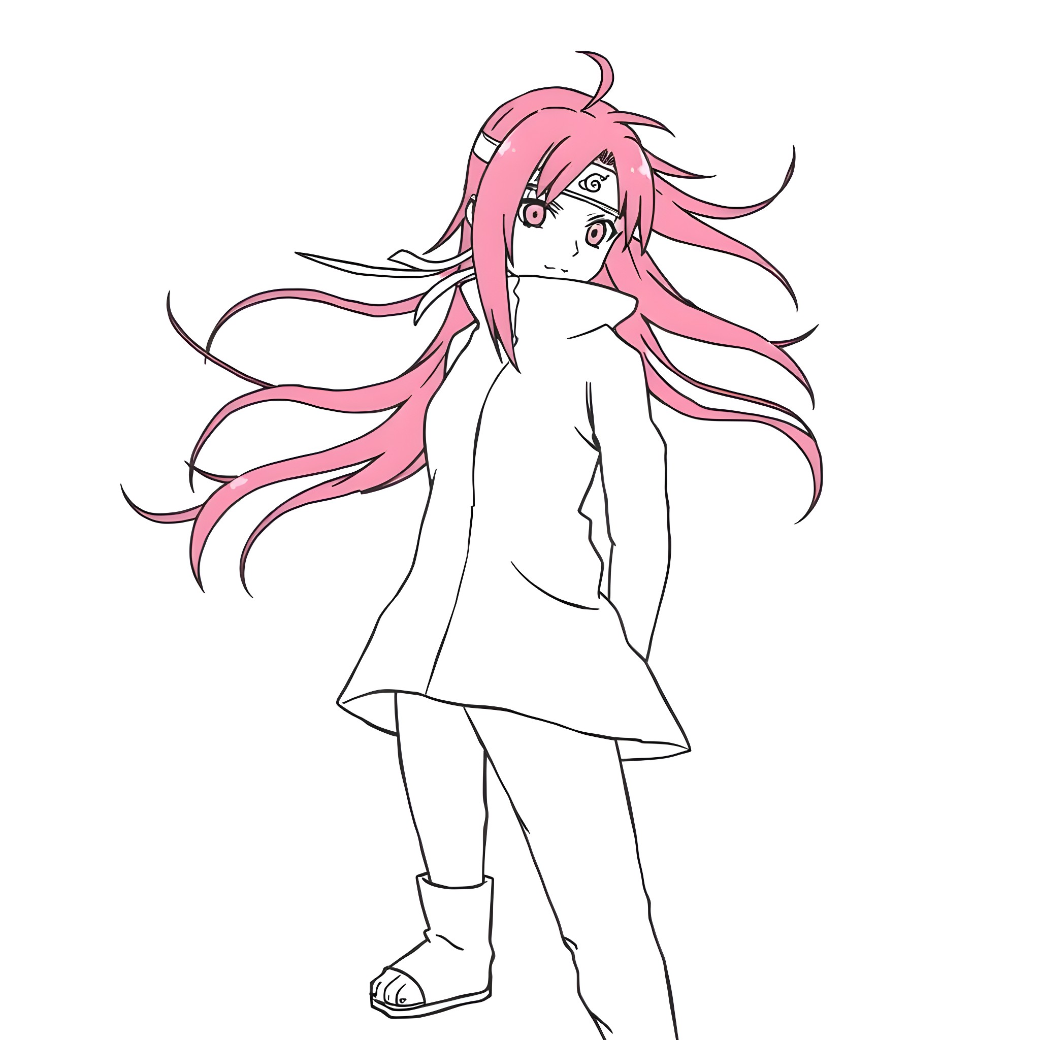 Sakura-haired anime character in white outfit Coloring Page (free black-and-white line drawing printable PDF for all, from beginners to advanced learners, including children, teens, adults, and seniors)