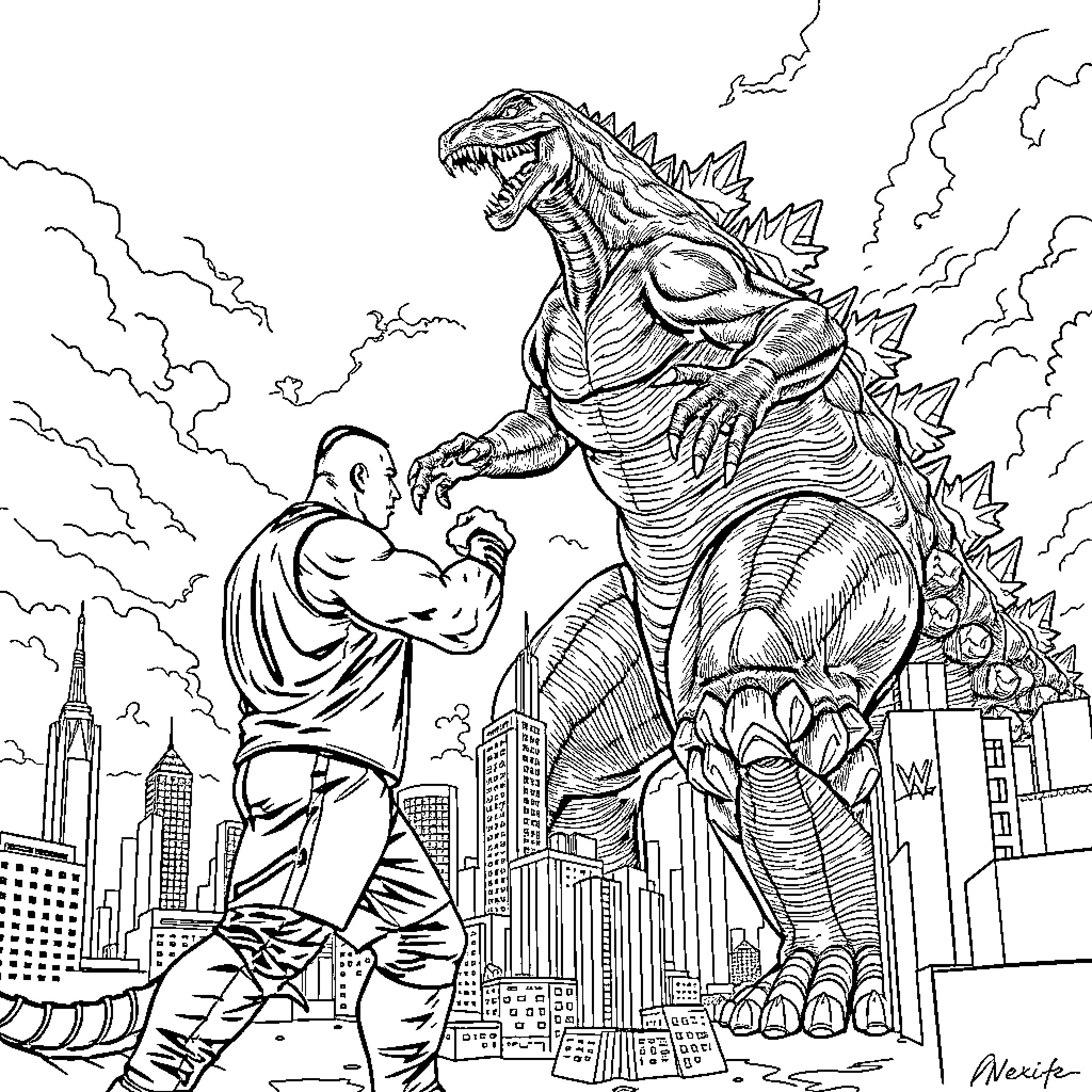 John Cena Battles a Fearsome Dinosaur Creature in the City Coloring Page (free black-and-white line drawing printable PDF for all, from beginners to advanced learners, including children, teens, adults, and seniors)