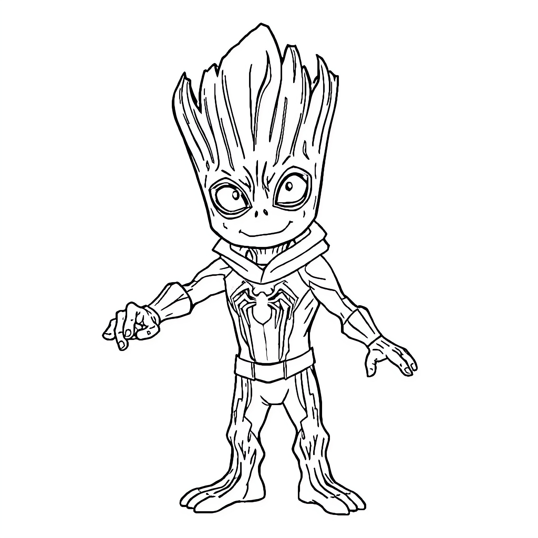Groot in heroic stance with attentive expression Coloring Page (free black-and-white line drawing printable PDF for all, from beginners to advanced learners, including children, teens, adults, and seniors)