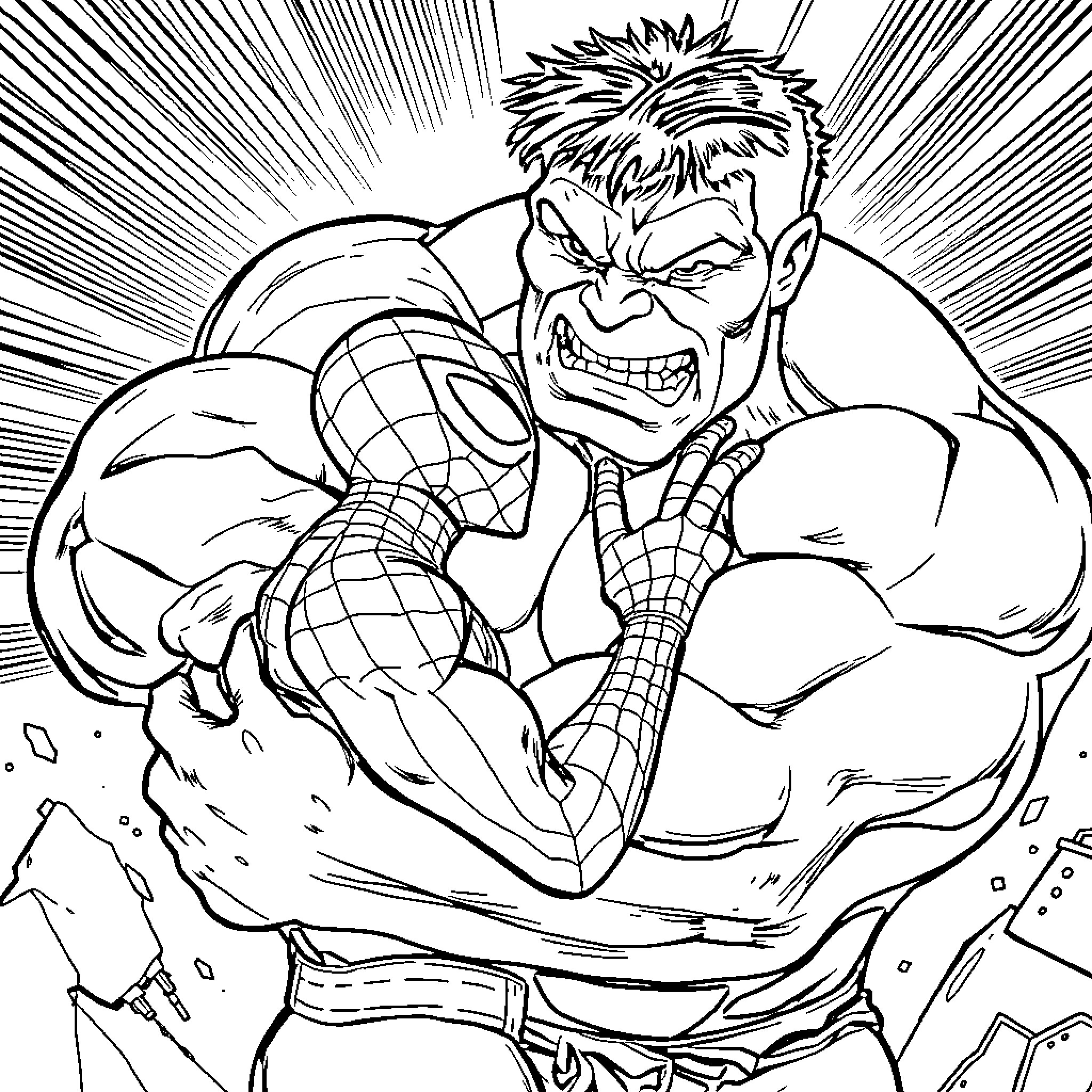 Spiderman smashing through the scene with fierce determination Coloring Page (free black-and-white line drawing printable PDF for all, from beginners to advanced learners, including children, teens, adults, and seniors)