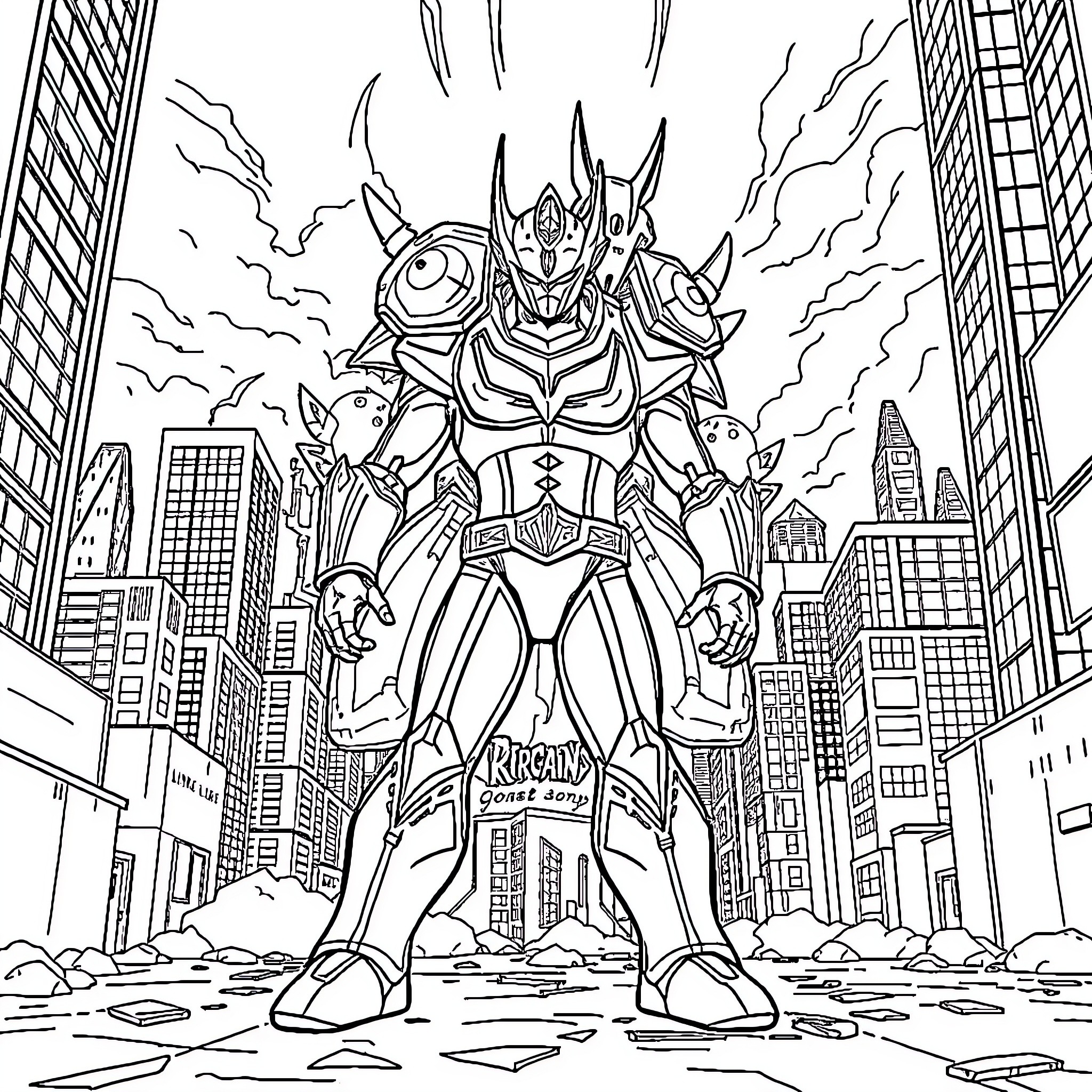 Ultraman Defending the City from Destruction Coloring Page (free black-and-white line drawing printable PDF for all, from beginners to advanced learners, including children, teens, adults, and seniors)