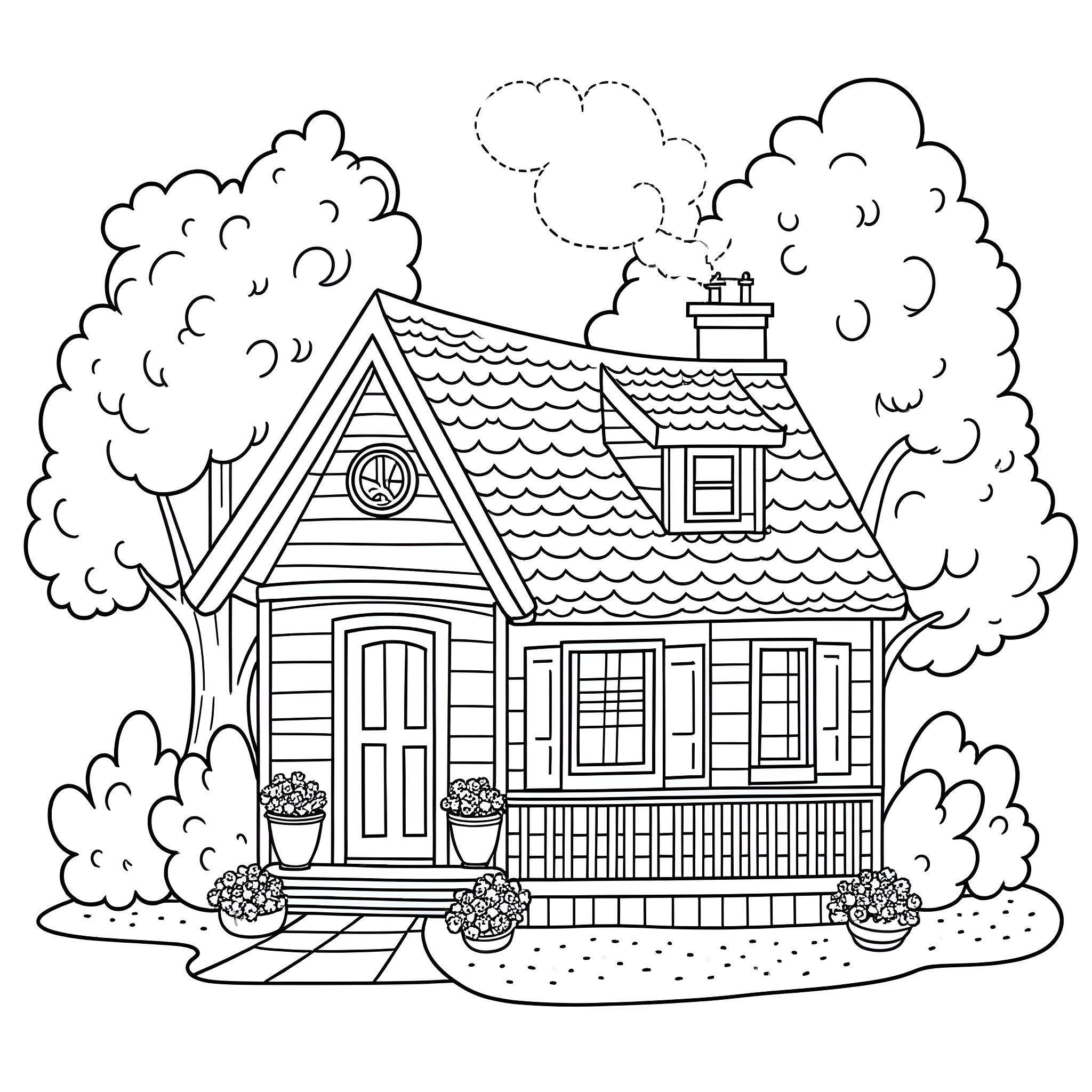 House with charming details in a cozy outdoor setting Coloring Page (free black-and-white line drawing printable PDF for all, from beginners to advanced learners, including children, teens, adults, and seniors)