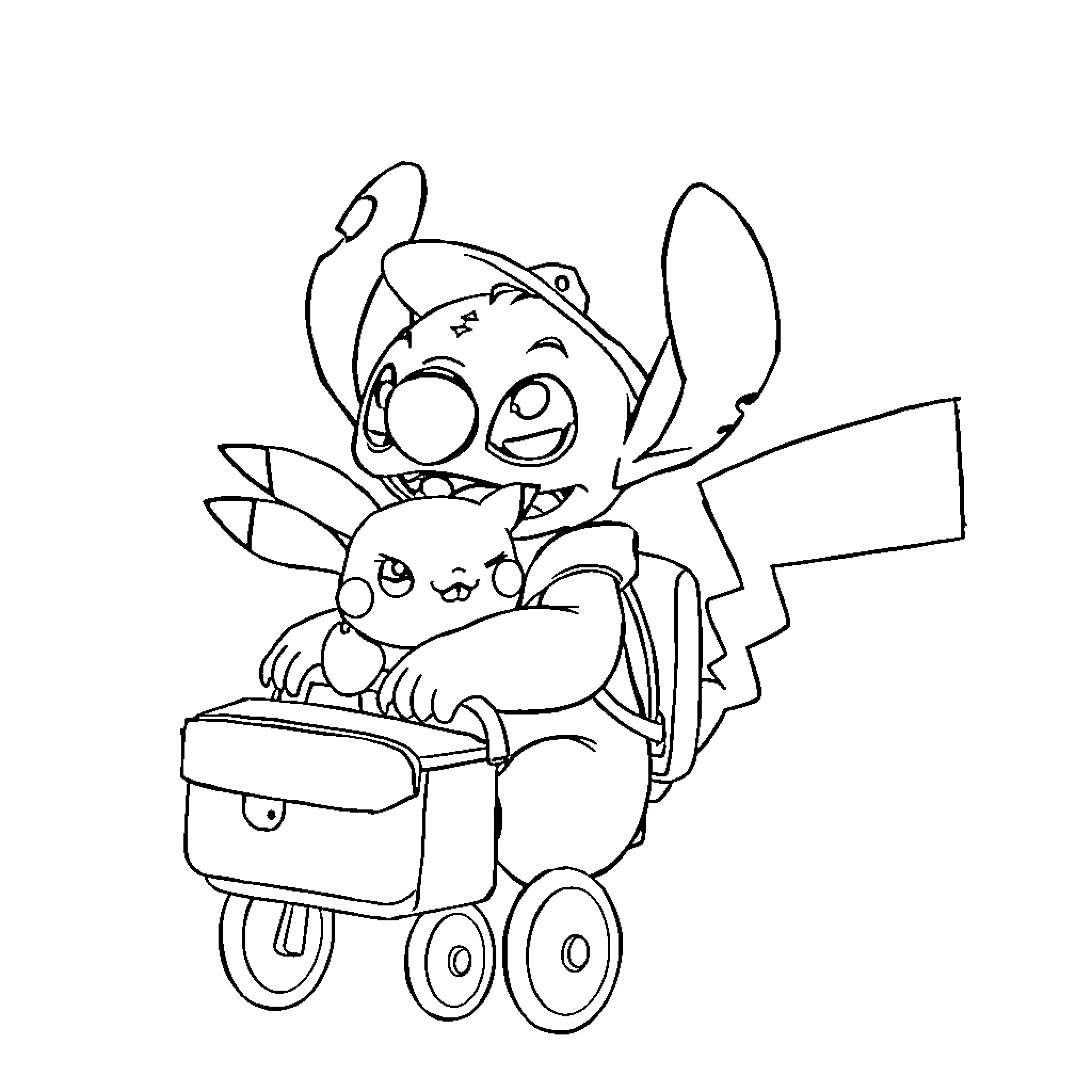 Stitch carrying Pikachu in a cart Coloring Page (free black-and-white line drawing printable PDF for all, from beginners to advanced learners, including children, teens, adults, and seniors)