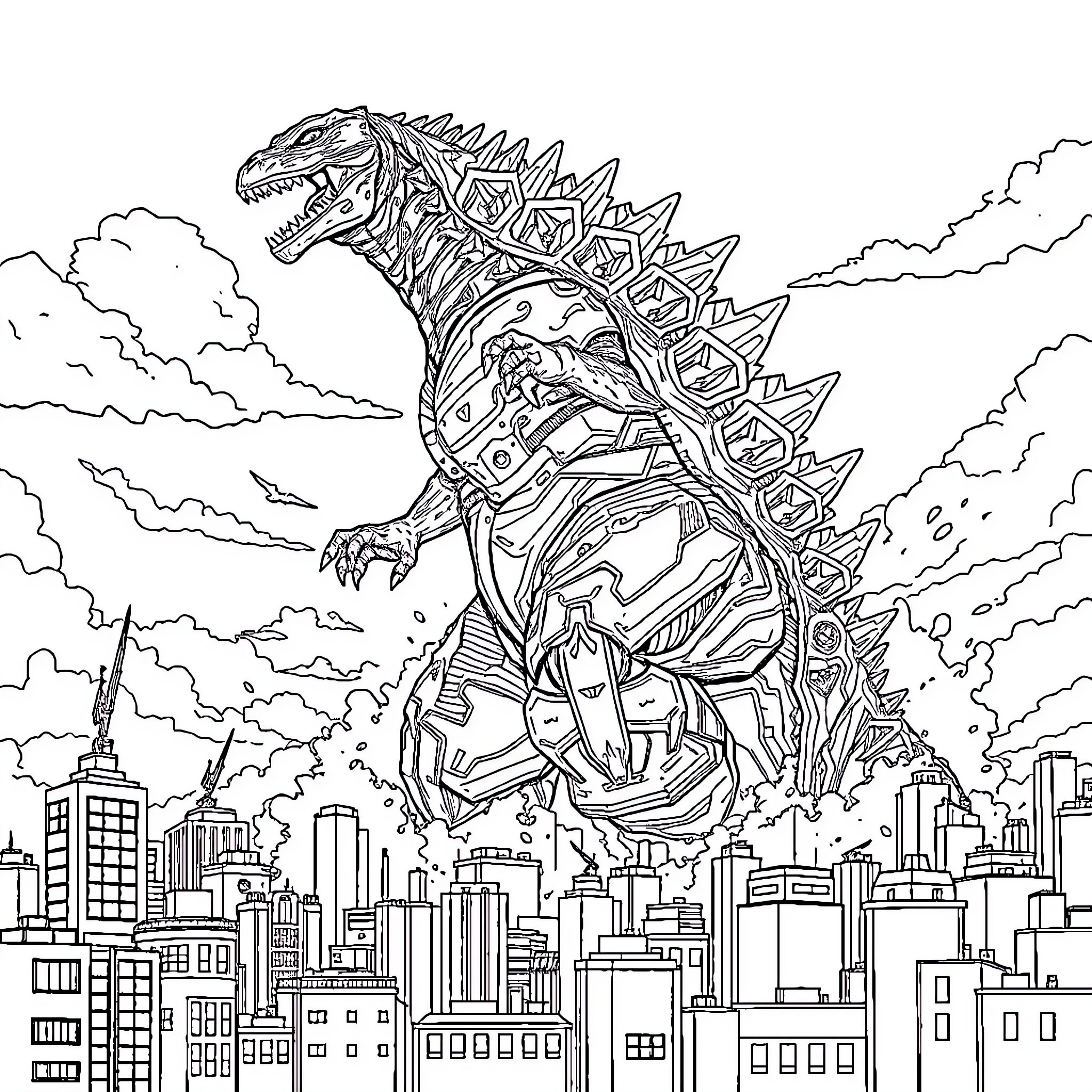 Godzilla Rampaging Through the City Coloring Page (free black-and-white line drawing printable PDF for all, from beginners to advanced learners, including children, teens, adults, and seniors)